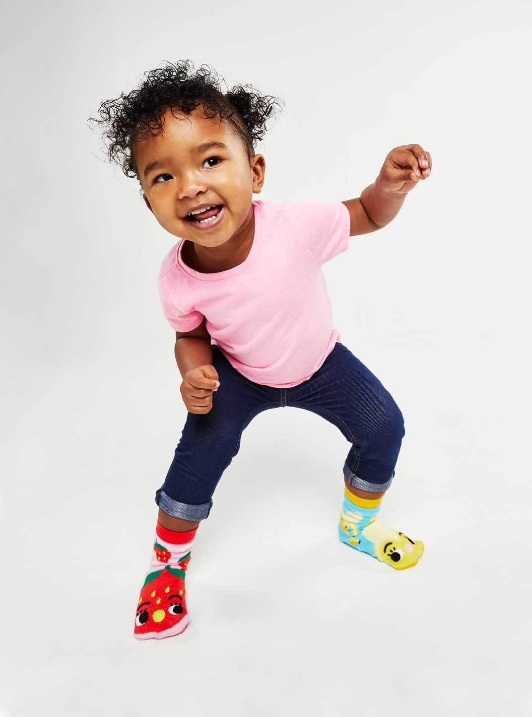Strawberry & Banana Mismatched Non-Slip Socks for Kids: KIDS SMALL