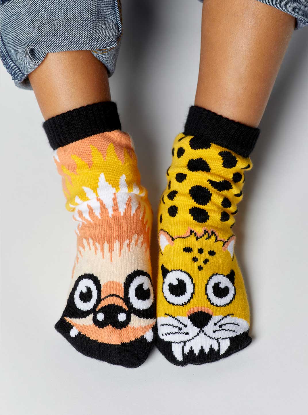 Sloth & Cheetah Mismatched Animals Non-Slip Kids Socks: KIDS LARGE