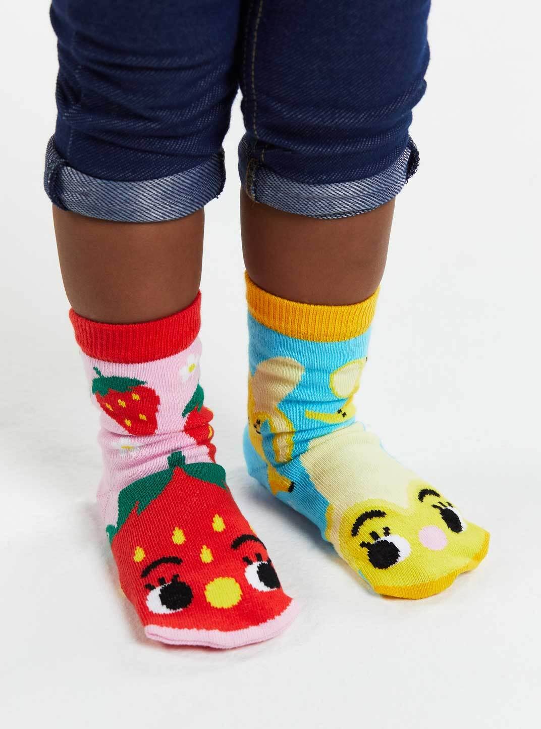 Strawberry & Banana Mismatched Non-Slip Socks for Kids: KIDS SMALL