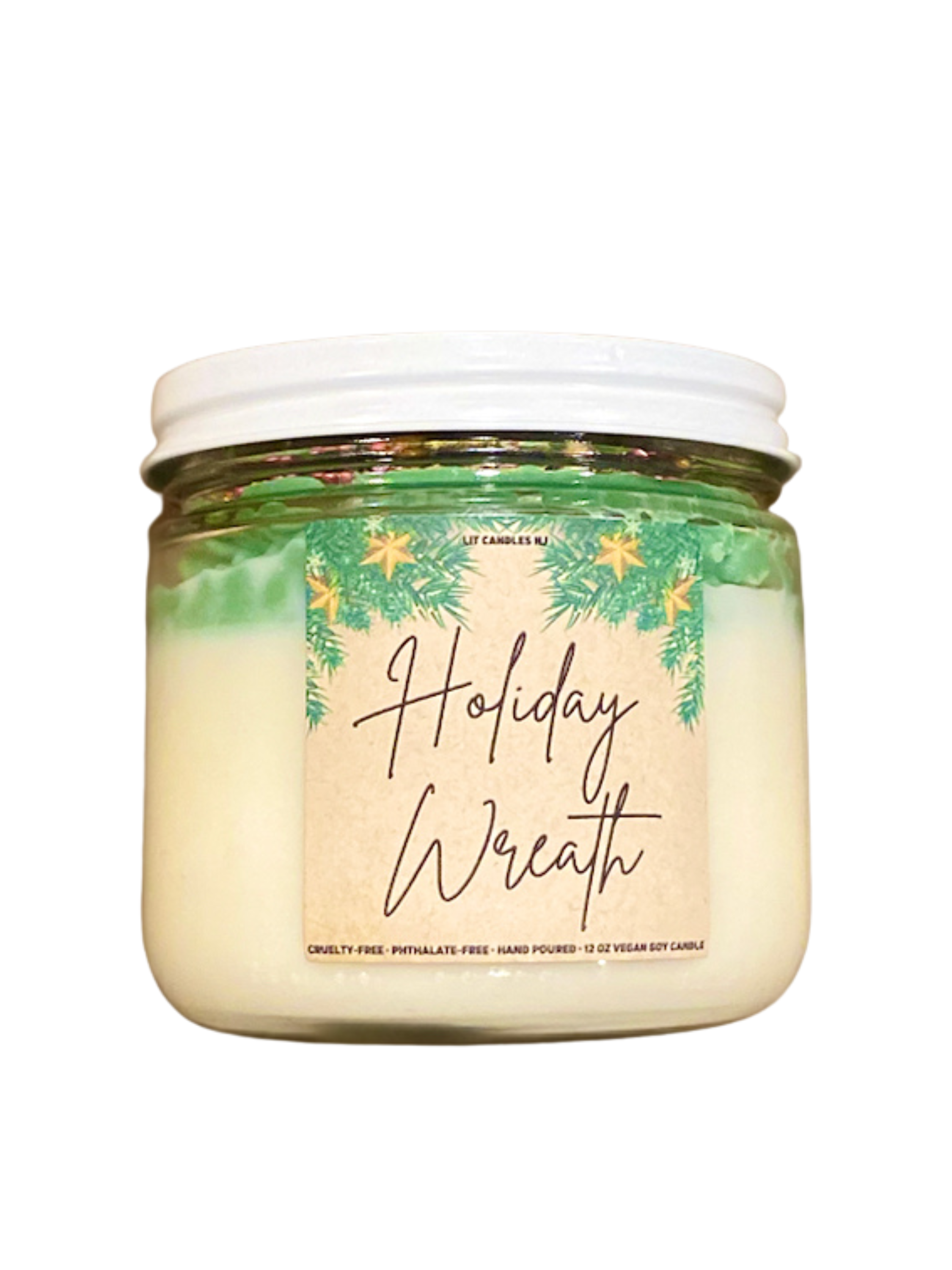 Holiday Wreath, Christmas Pine Scented Glitter Soy Candle