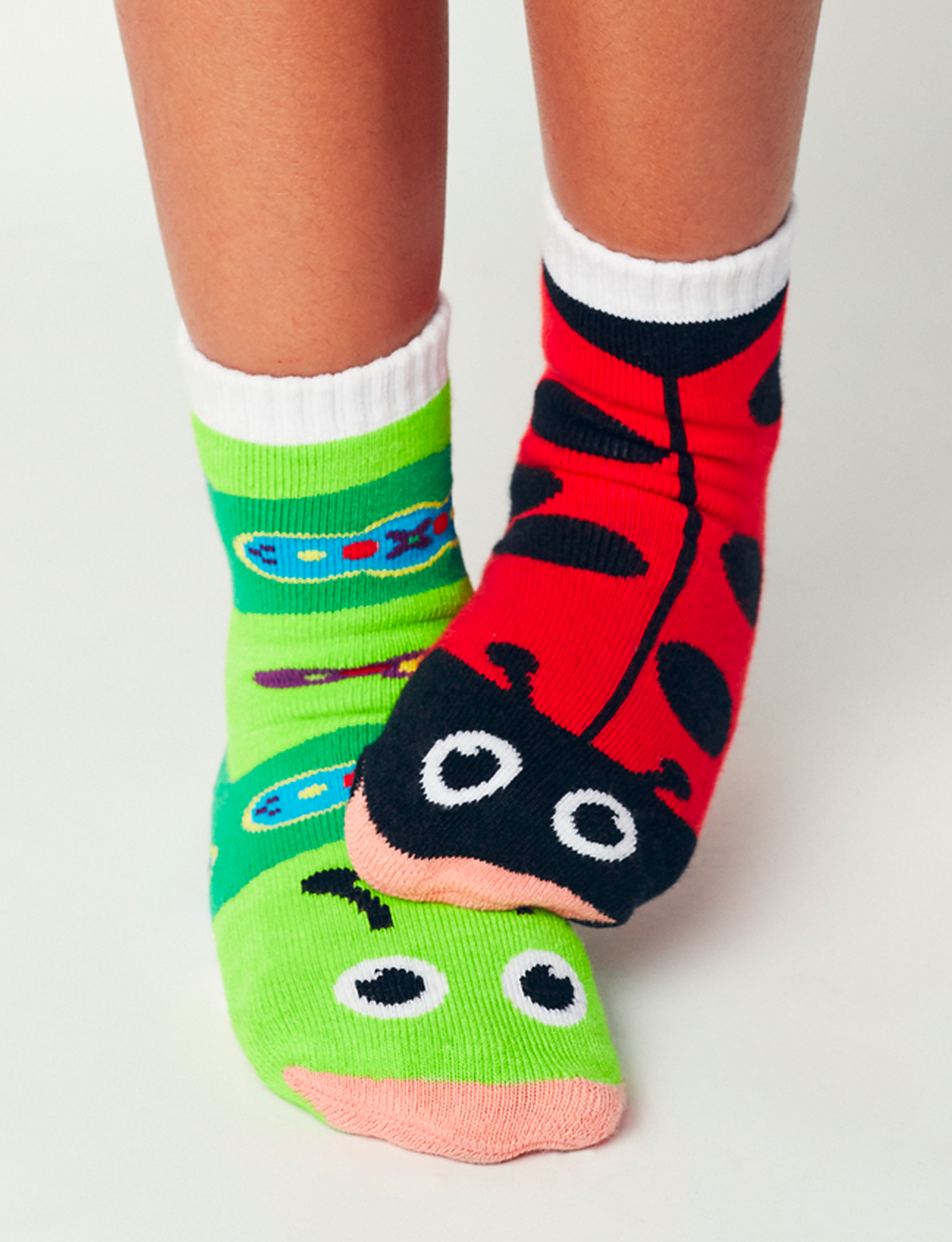 Ladybug & Caterpillar Fun Mismatched Non-Slip Kids Socks: KIDS LARGE