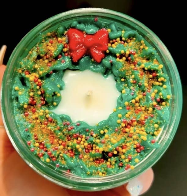 Holiday Wreath, Christmas Pine Scented Glitter Soy Candle