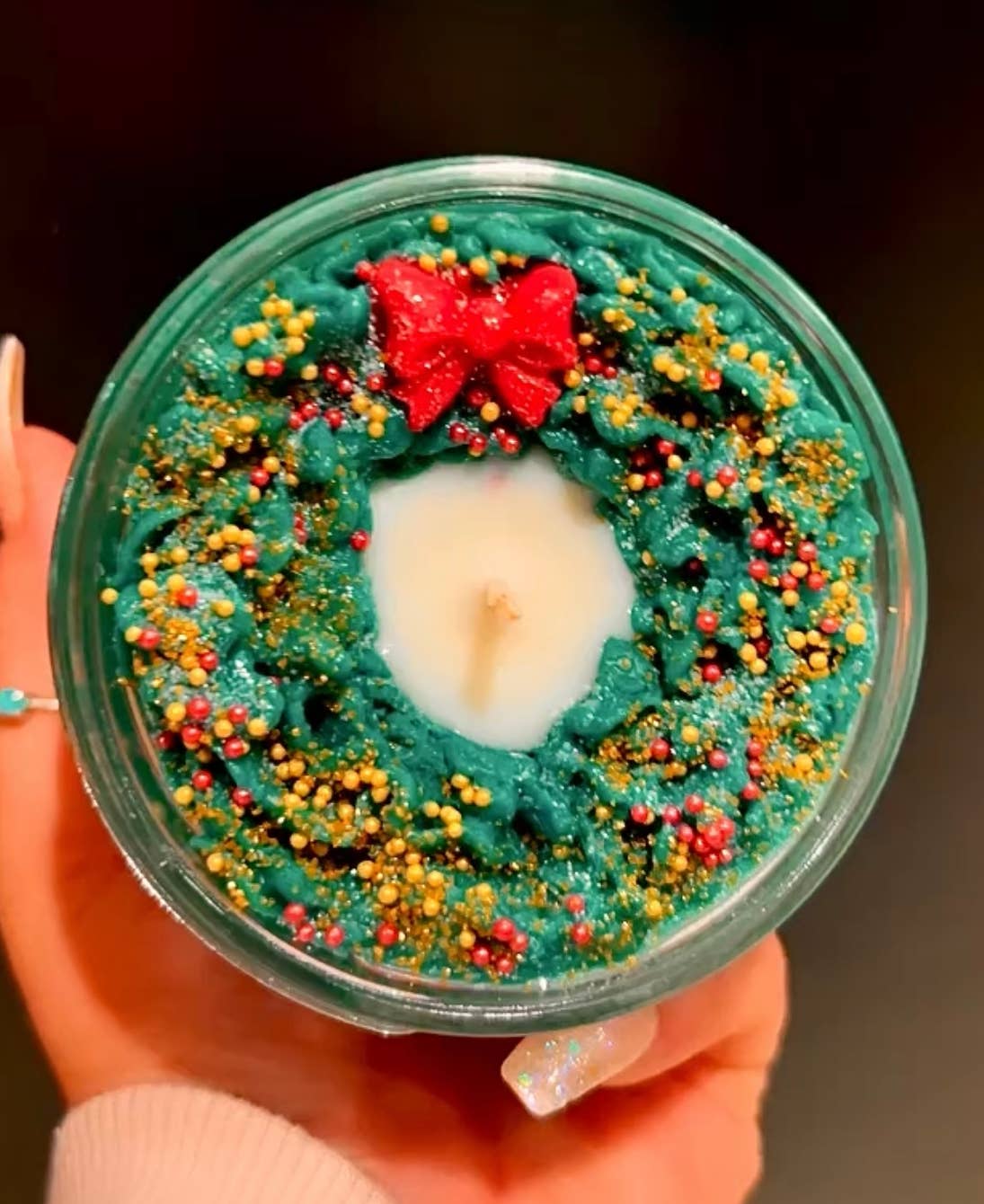 Holiday Wreath, Christmas Pine Scented Glitter Soy Candle