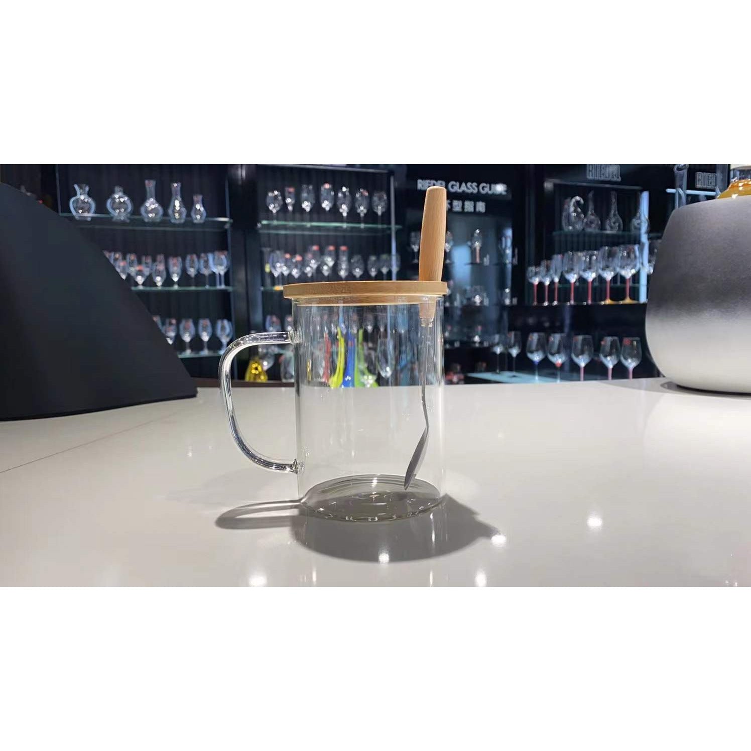 Breakfast Glass Mug with Wooden Lid and Spoon