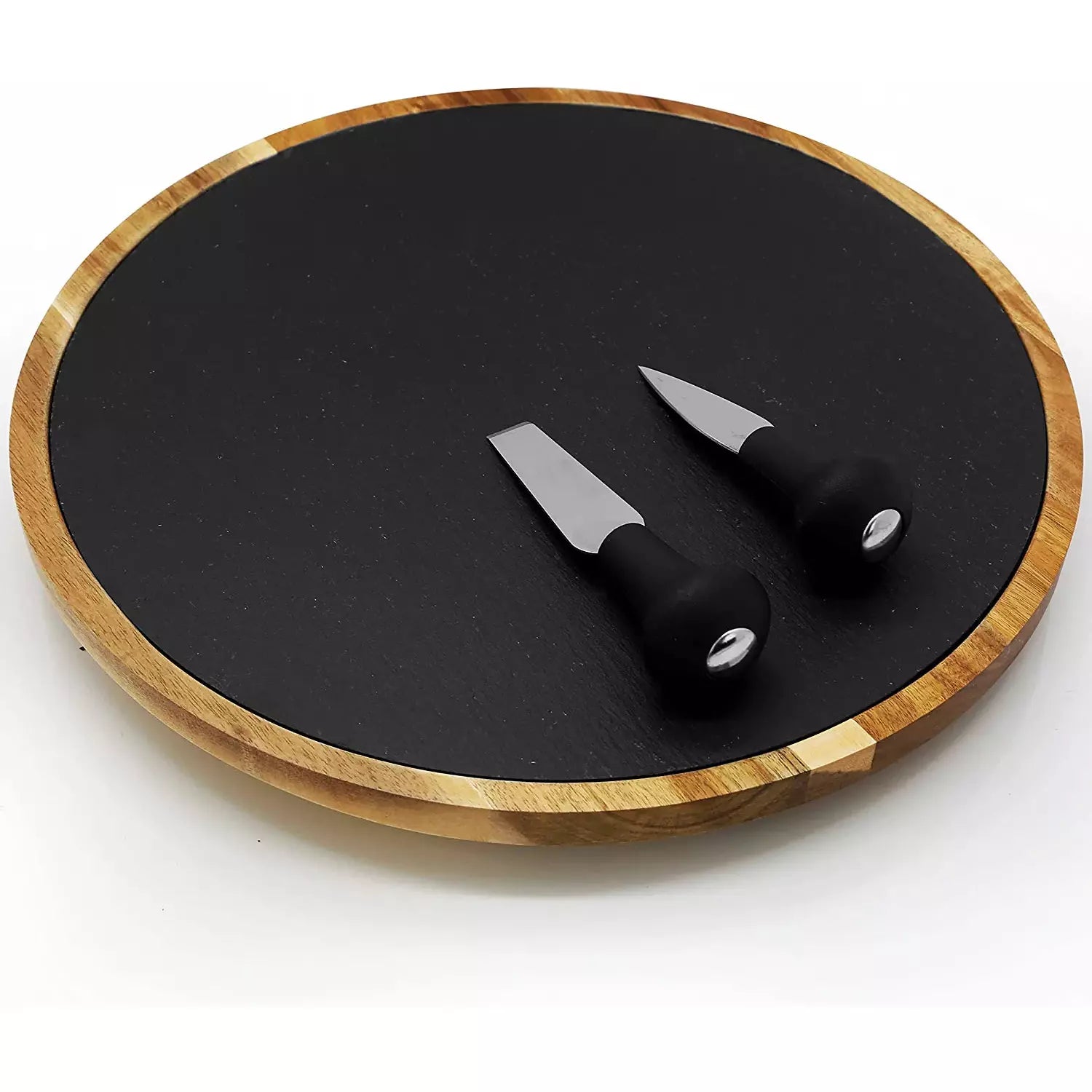 Acacia Wood & Slate Lazy Susan Serving Set w/ Stainless Steel Cutting Knives