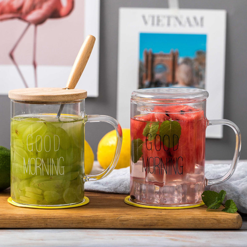 Breakfast Glass Mug with Wooden Lid and Spoon