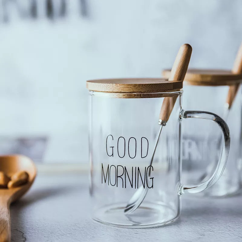 Breakfast Glass Mug with Wooden Lid and Spoon