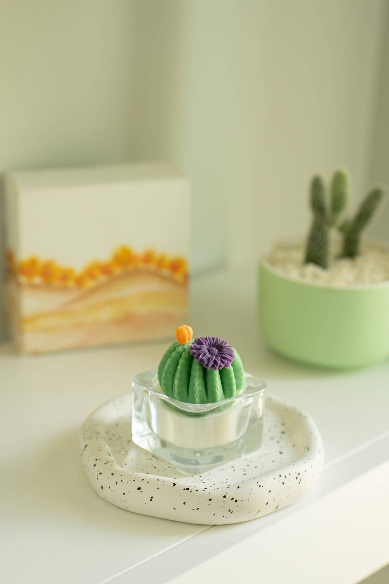 Barrel Cactus Tealight Candles: Green w/ purple