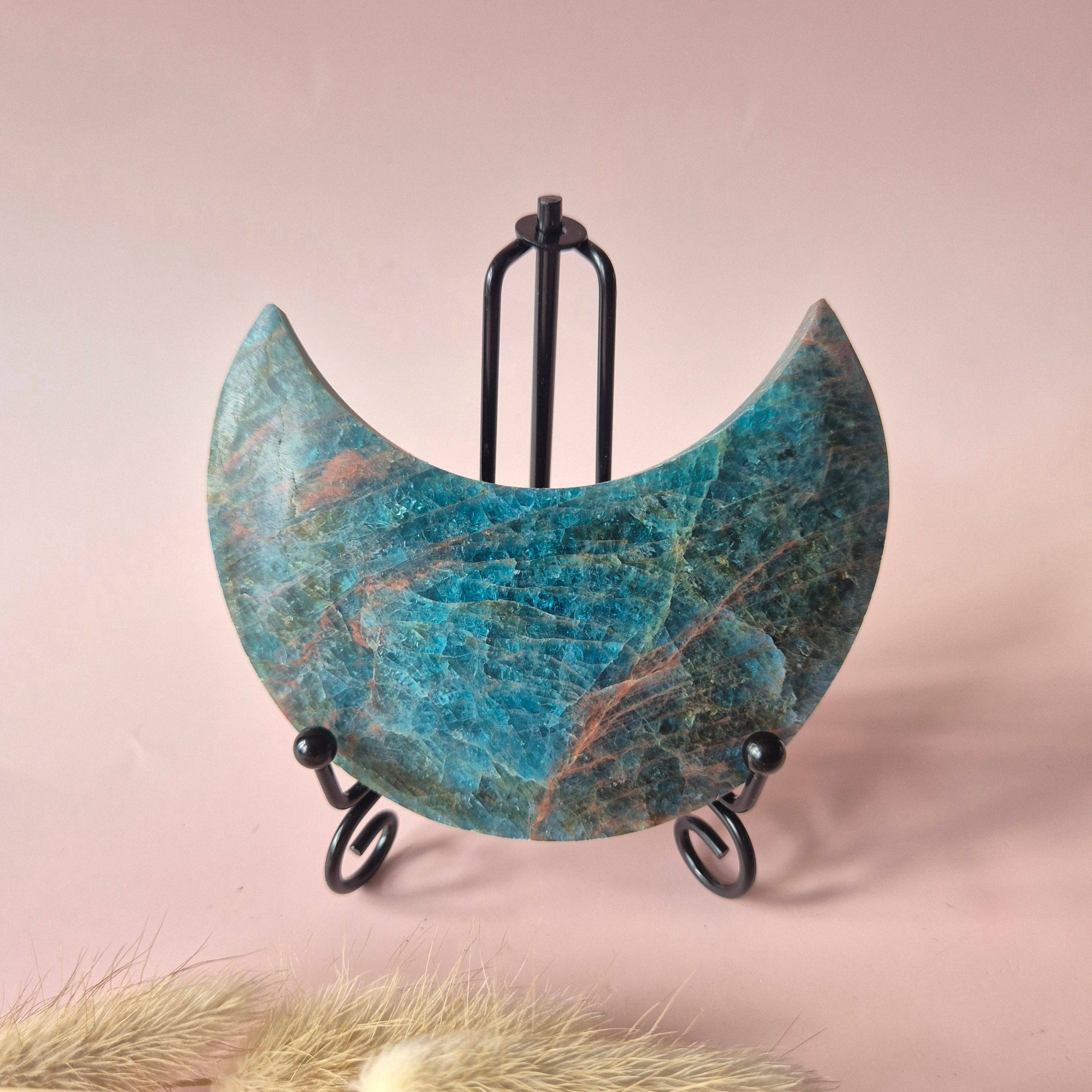 Gemstone Blue Apatite Moon on Stand 10cm (±175–200g)