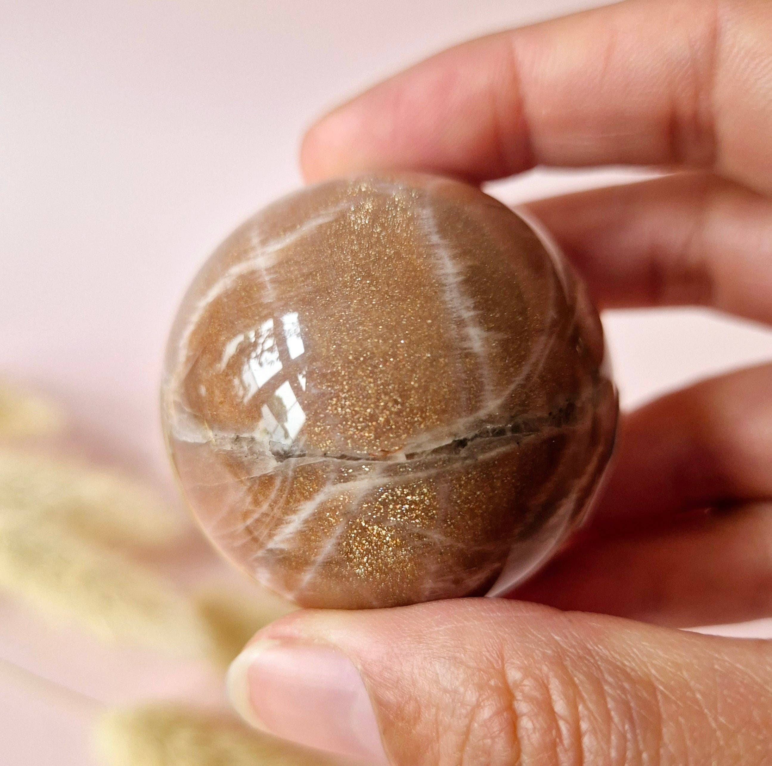 Crystal Gemstone Golden Sunstone Sphere with Blue & Gold Flash | 45–63 mm sphere: 63mm