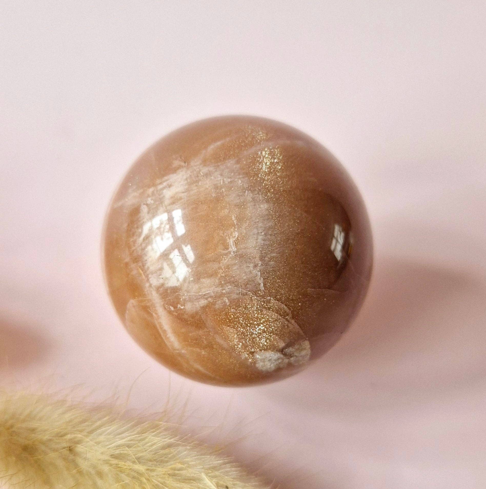 Crystal Gemstone Golden Sunstone Sphere with Blue & Gold Flash | 45–63 mm sphere: 63mm