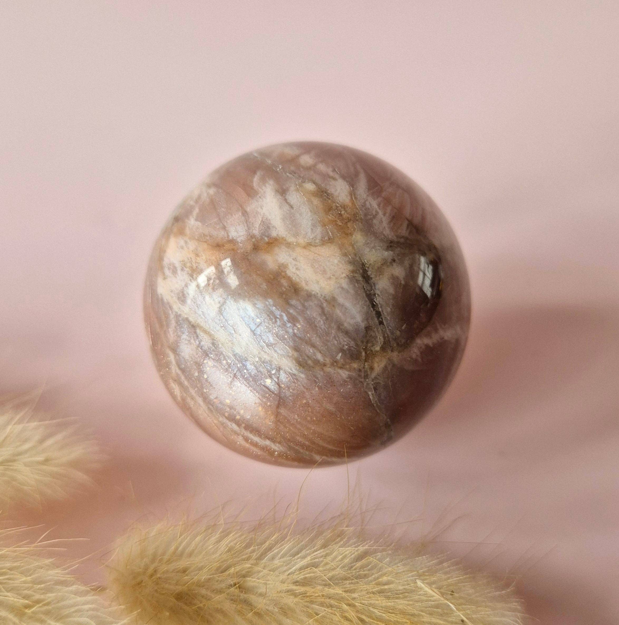 Crystal Gemstone Golden Sunstone Sphere with Blue & Gold Flash | 45–63 mm sphere: 55 mm