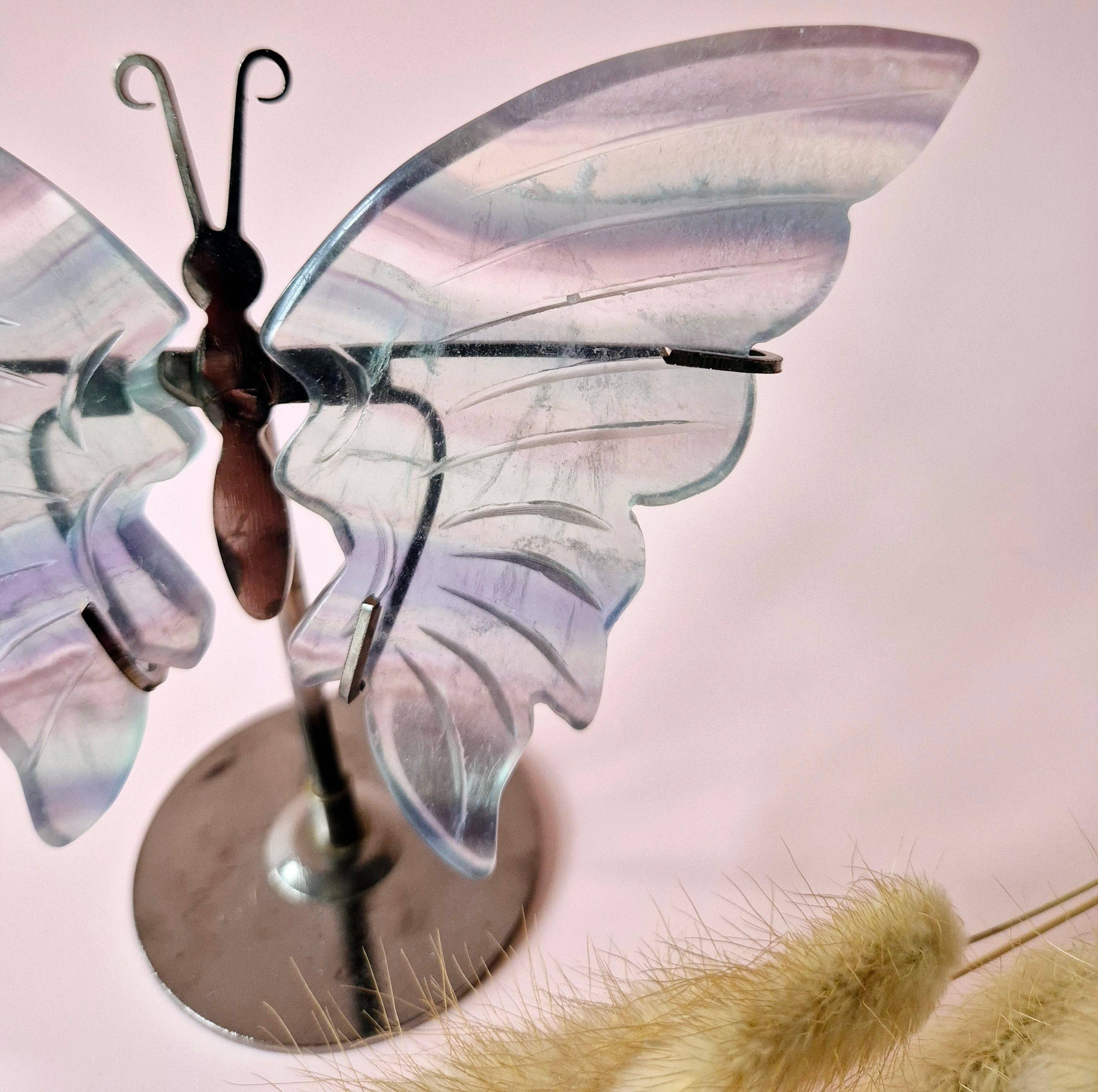 Candy Fluorite Butterfly Gemstone Crystal Carving with Metal Stand butterfly