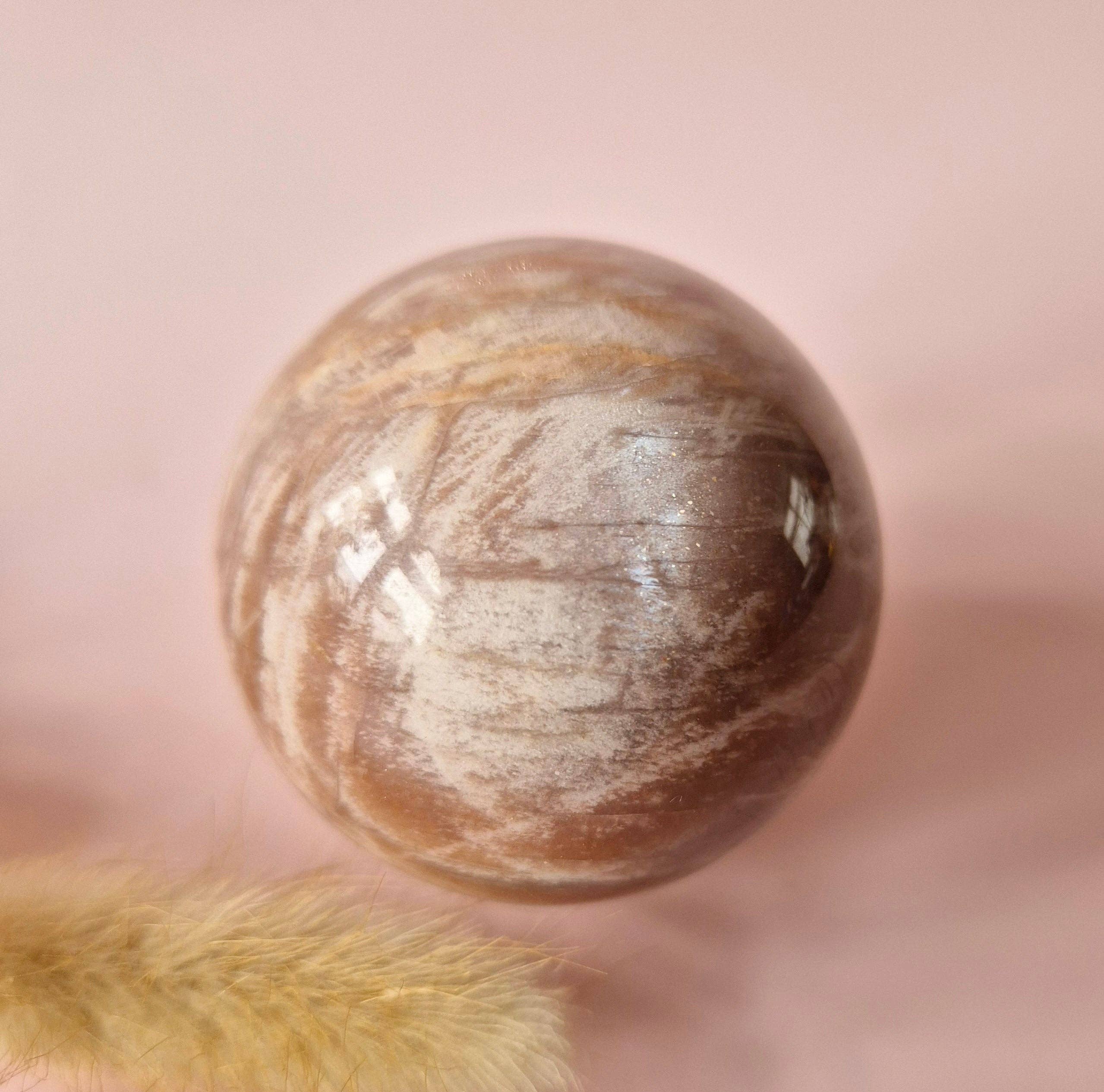 Crystal Gemstone Golden Sunstone Sphere with Blue & Gold Flash | 45–63 mm sphere: 55 mm