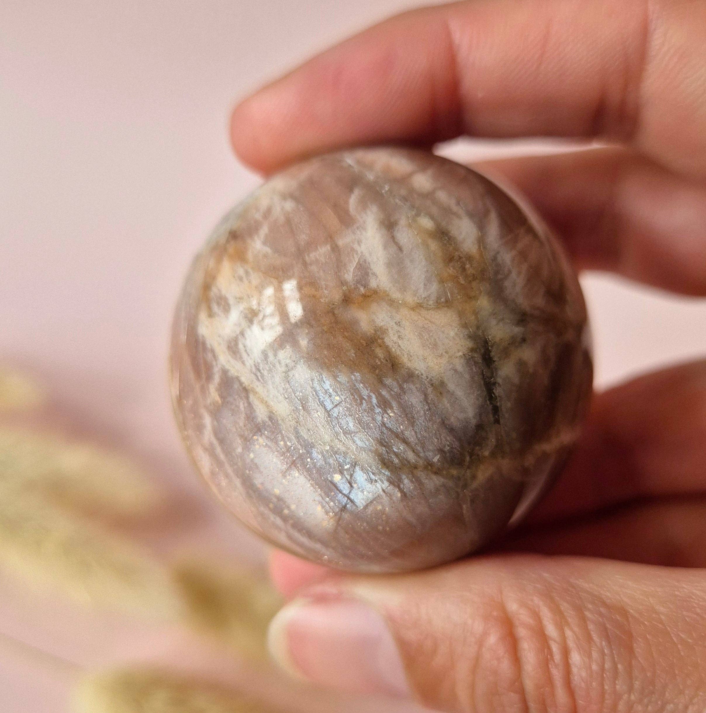 Crystal Gemstone Golden Sunstone Sphere with Blue & Gold Flash | 45–63 mm sphere: 63mm
