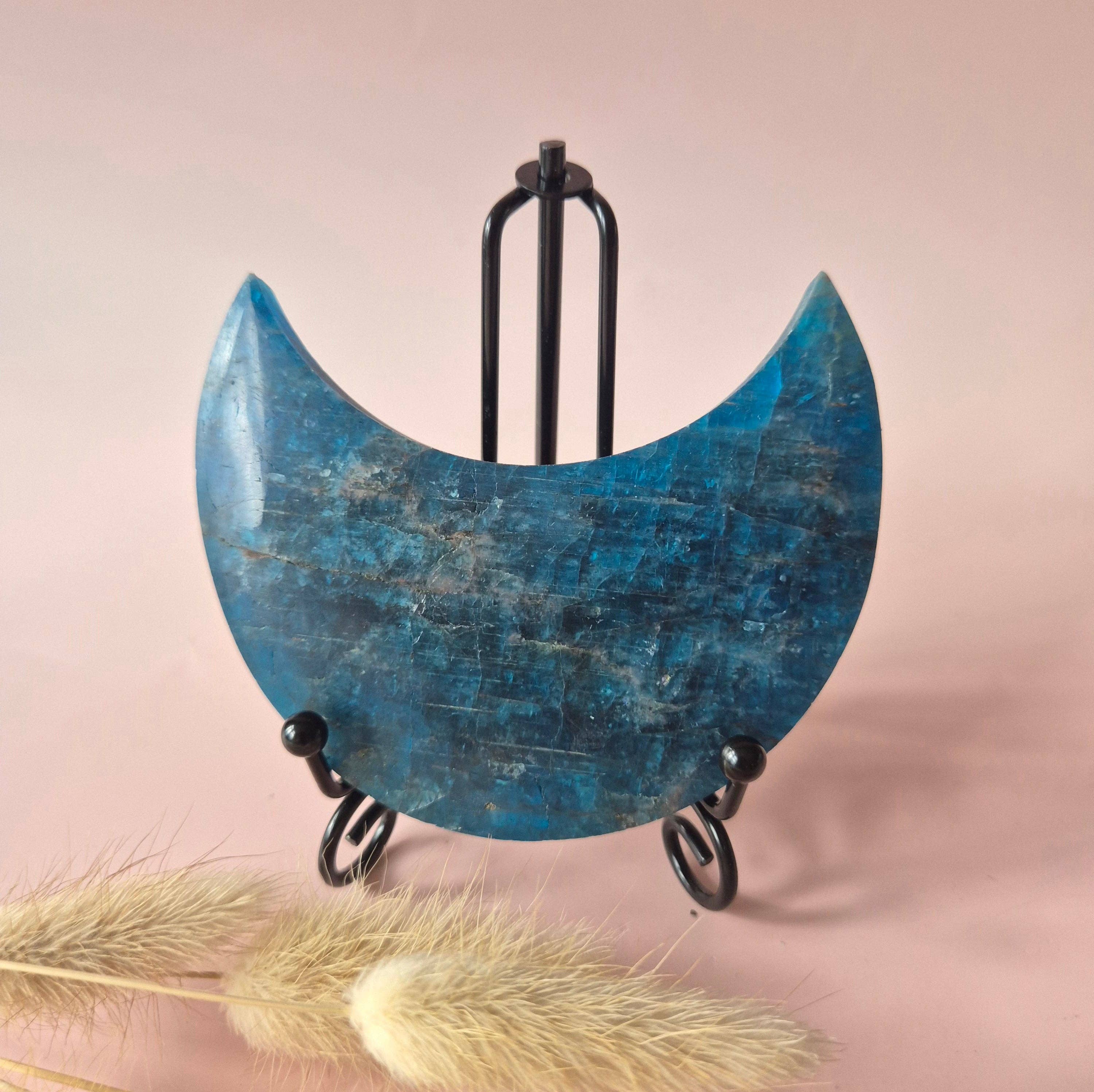 Gemstone Blue Apatite Moon on Stand 10cm (±175–200g)