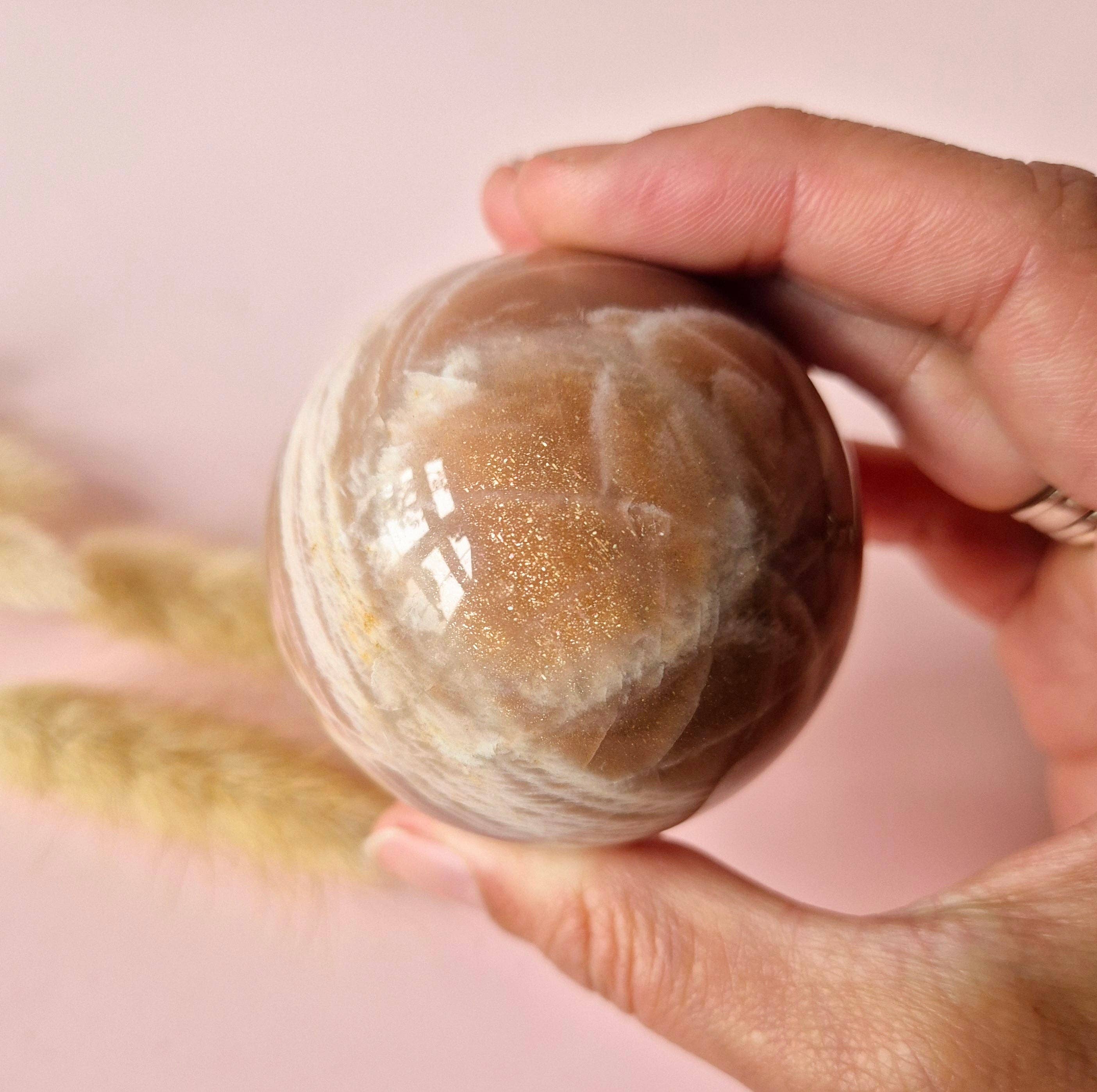 Crystal Gemstone Golden Sunstone Sphere with Blue & Gold Flash | 45–63 mm sphere: 55 mm