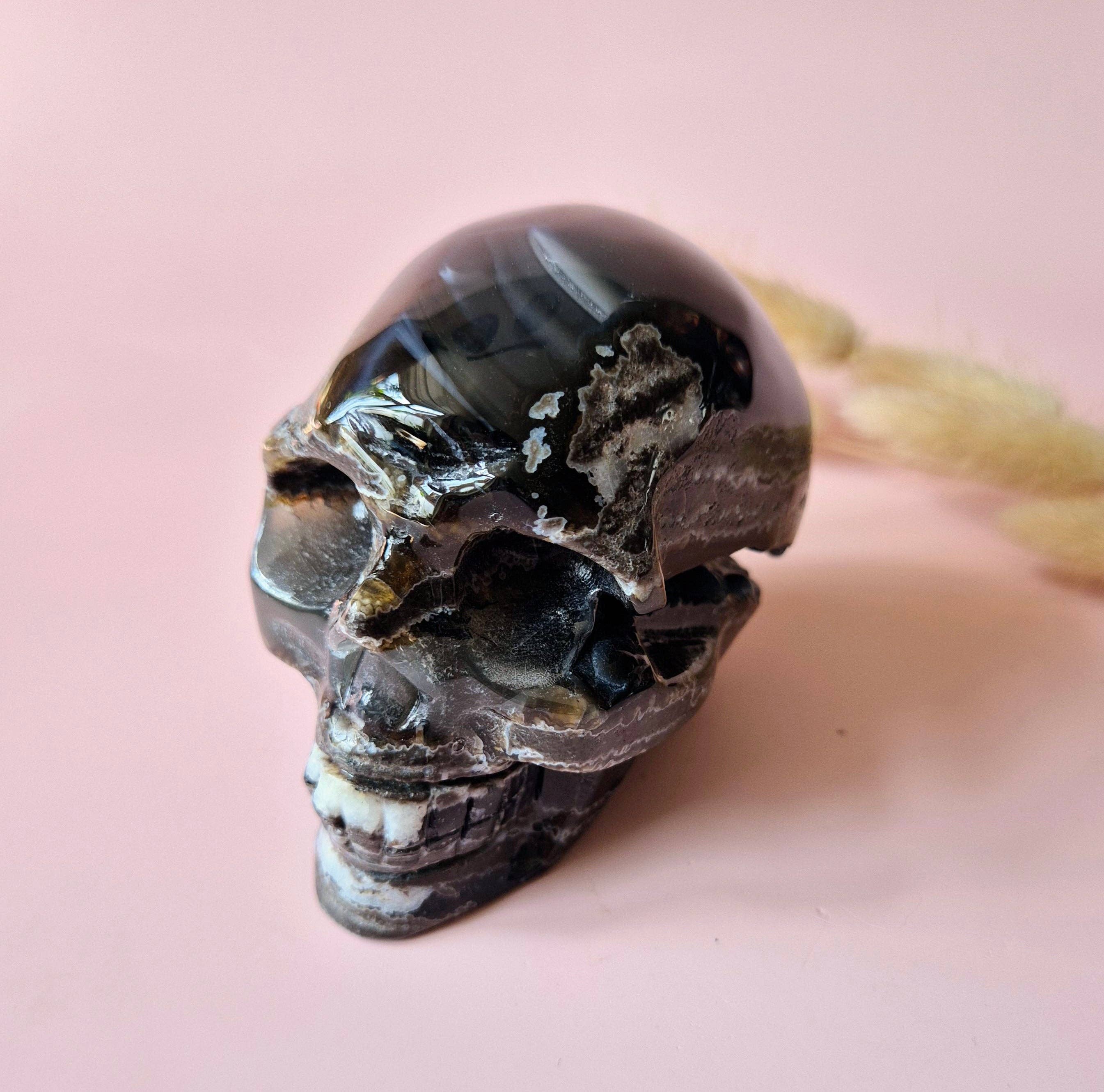 XL Gemstone Druzy Skull UV-reactive Volcano Agate Skull – #2 474 grams