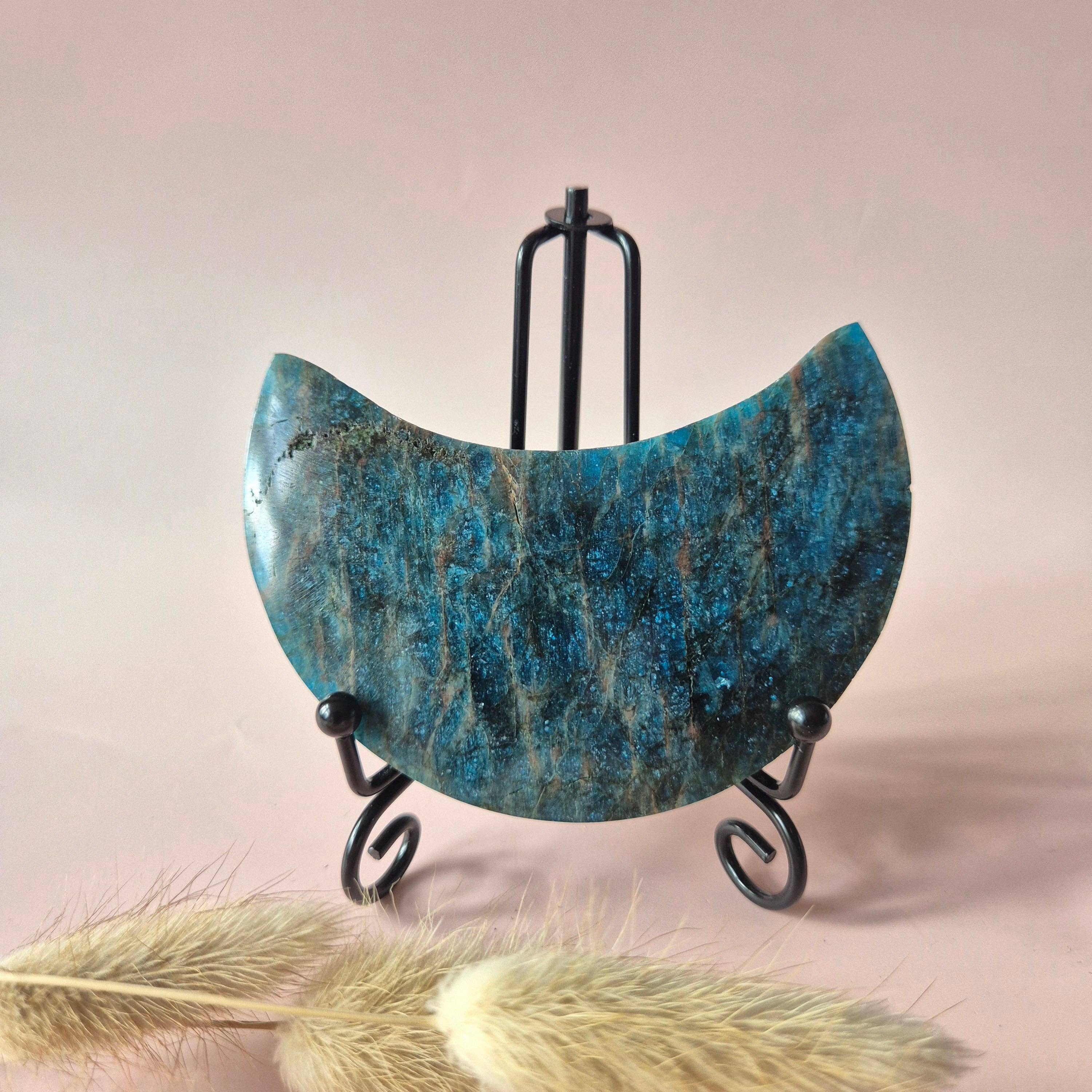 Gemstone Blue Apatite Moon on Stand 10cm (±175–200g)