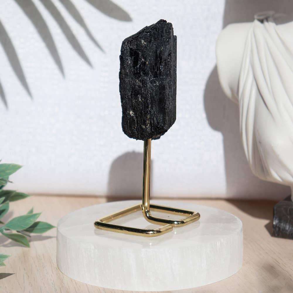 Black Tourmaline on Gold Metal Stand