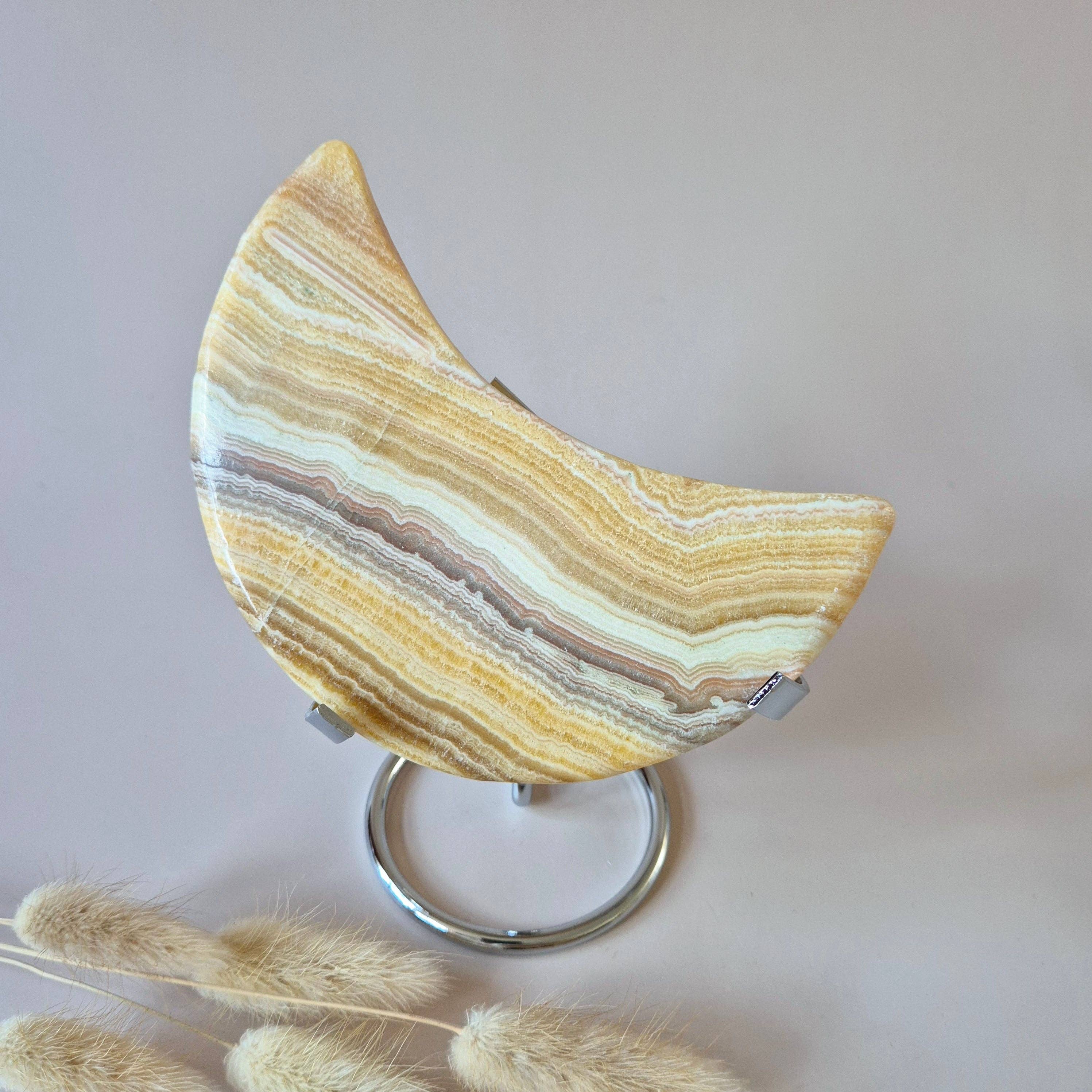 XL Yellow Calcite Moon on Metal Stand (300–350 grams)