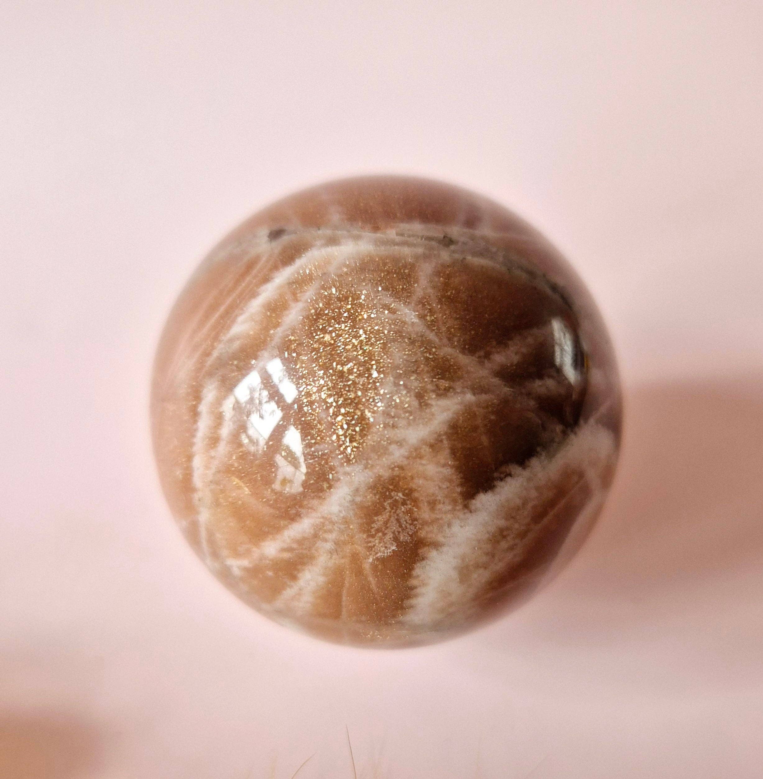 Crystal Gemstone Golden Sunstone Sphere with Blue & Gold Flash | 45–63 mm sphere: 63mm