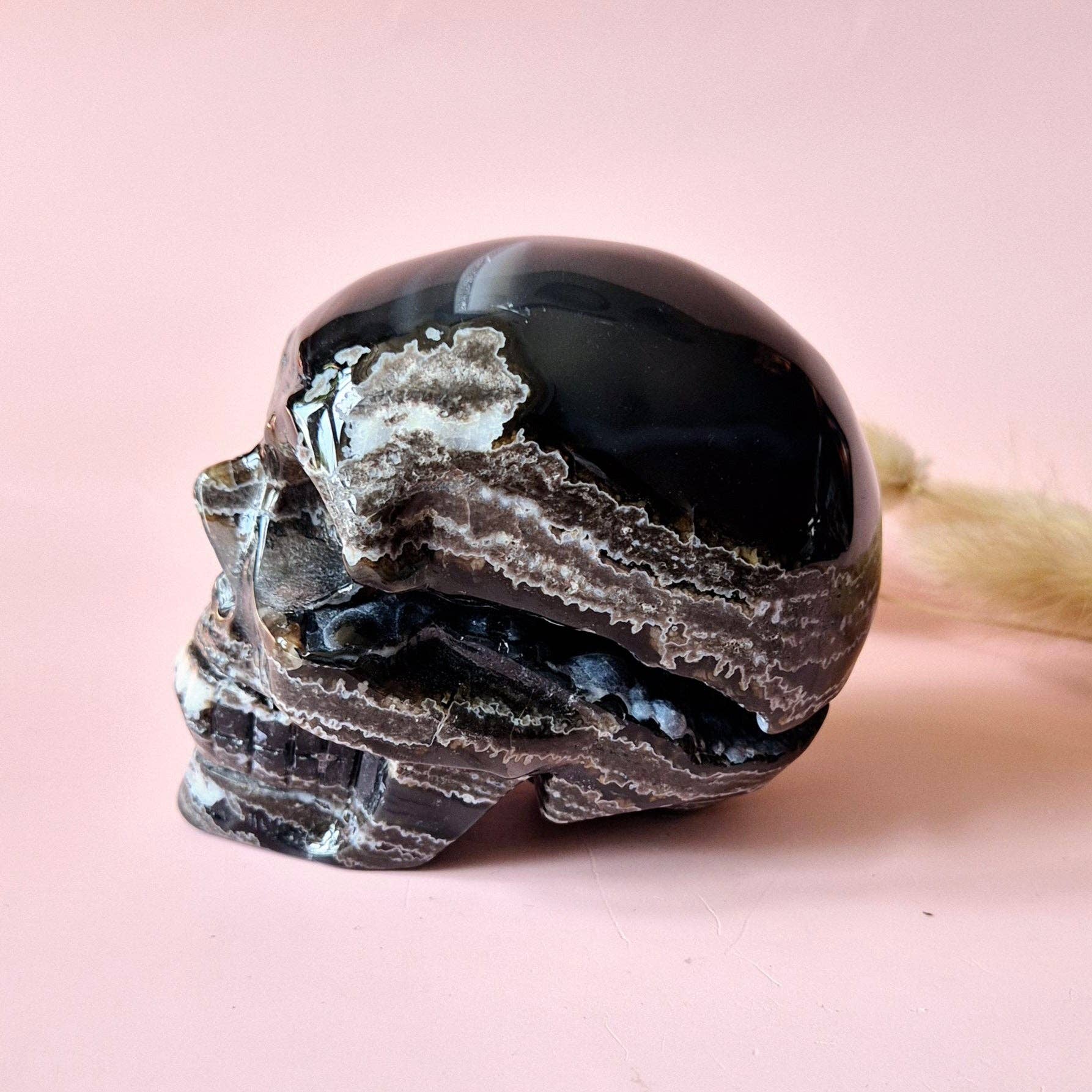 XL Gemstone Druzy Skull UV-reactive Volcano Agate Skull – #2 474 grams