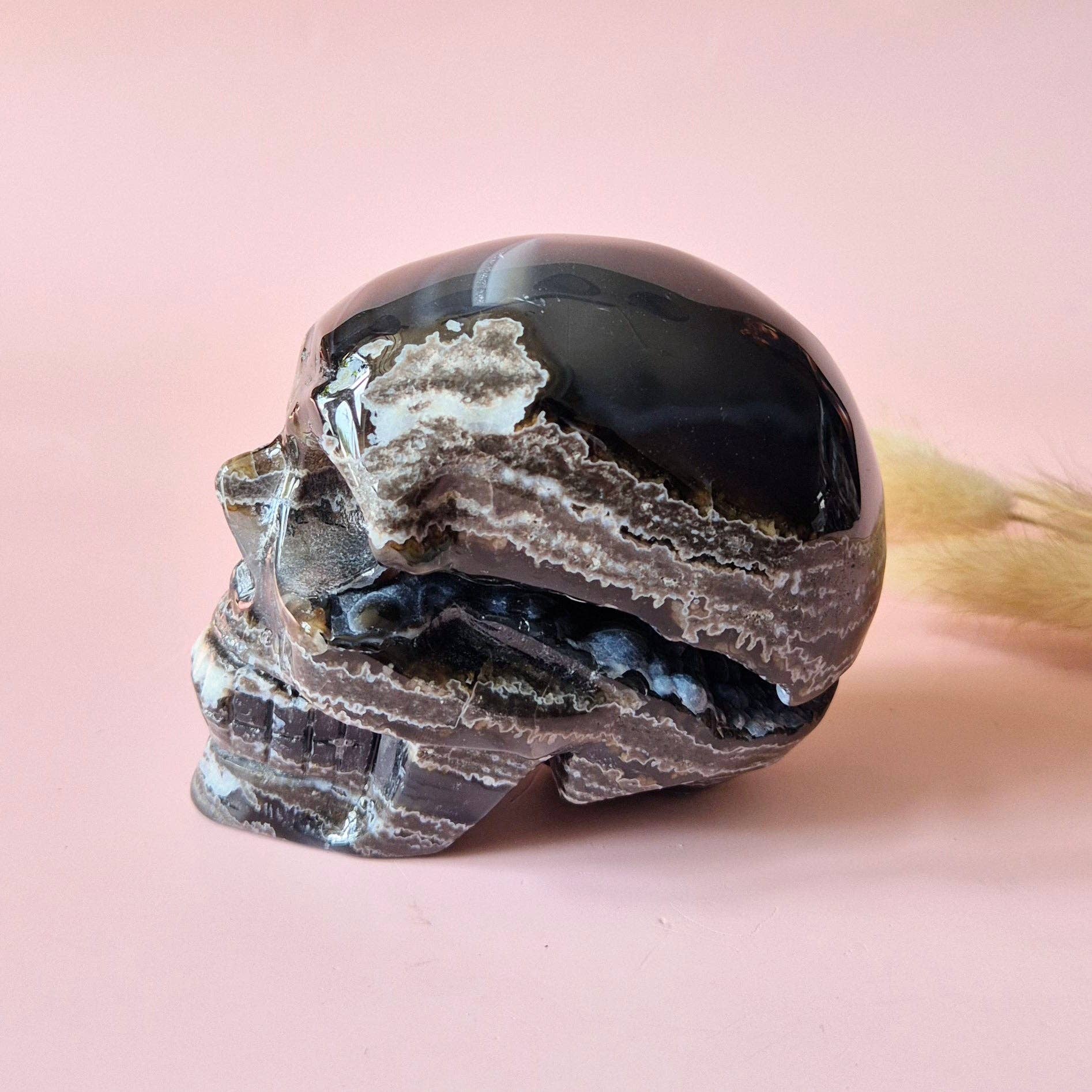 XL Gemstone Druzy Skull UV-reactive Volcano Agate Skull – #2 474 grams