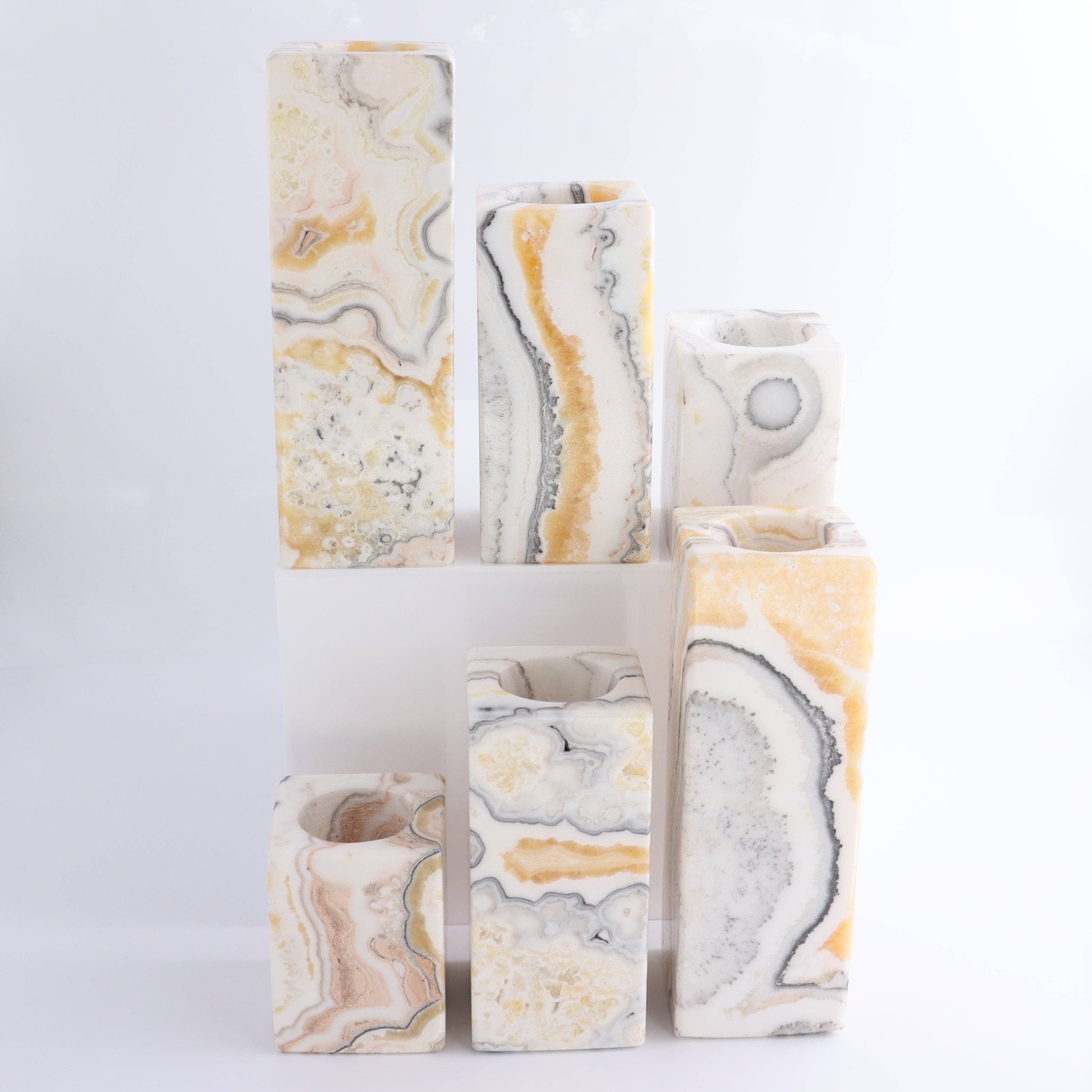 One Candle Holder Mexican Onyx/Calcite Zebra Yellow & White Set of 3