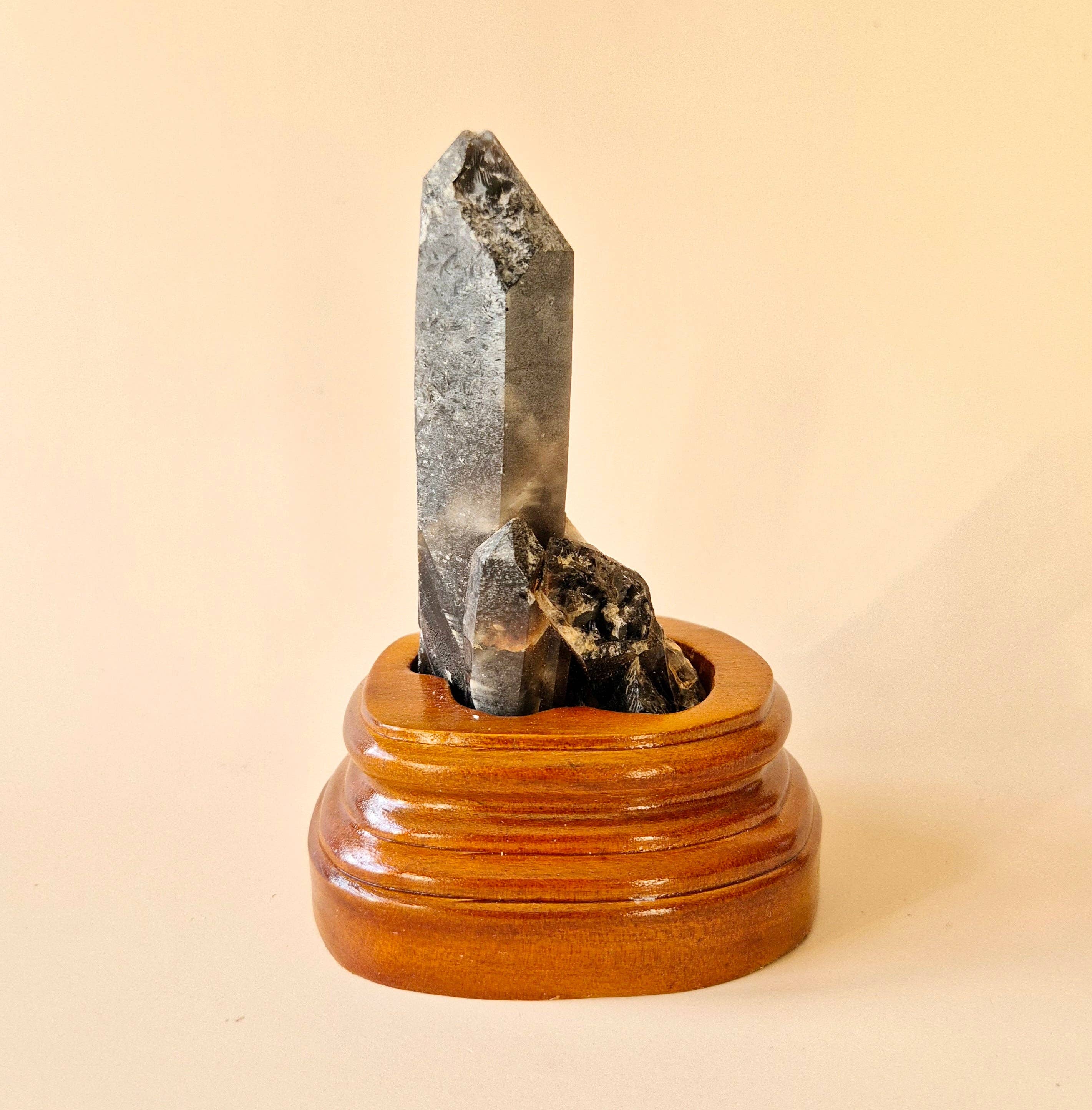 XL Raw Smoky Quartz Gemstone Cluster on Wooden Stand – #23 165 grams