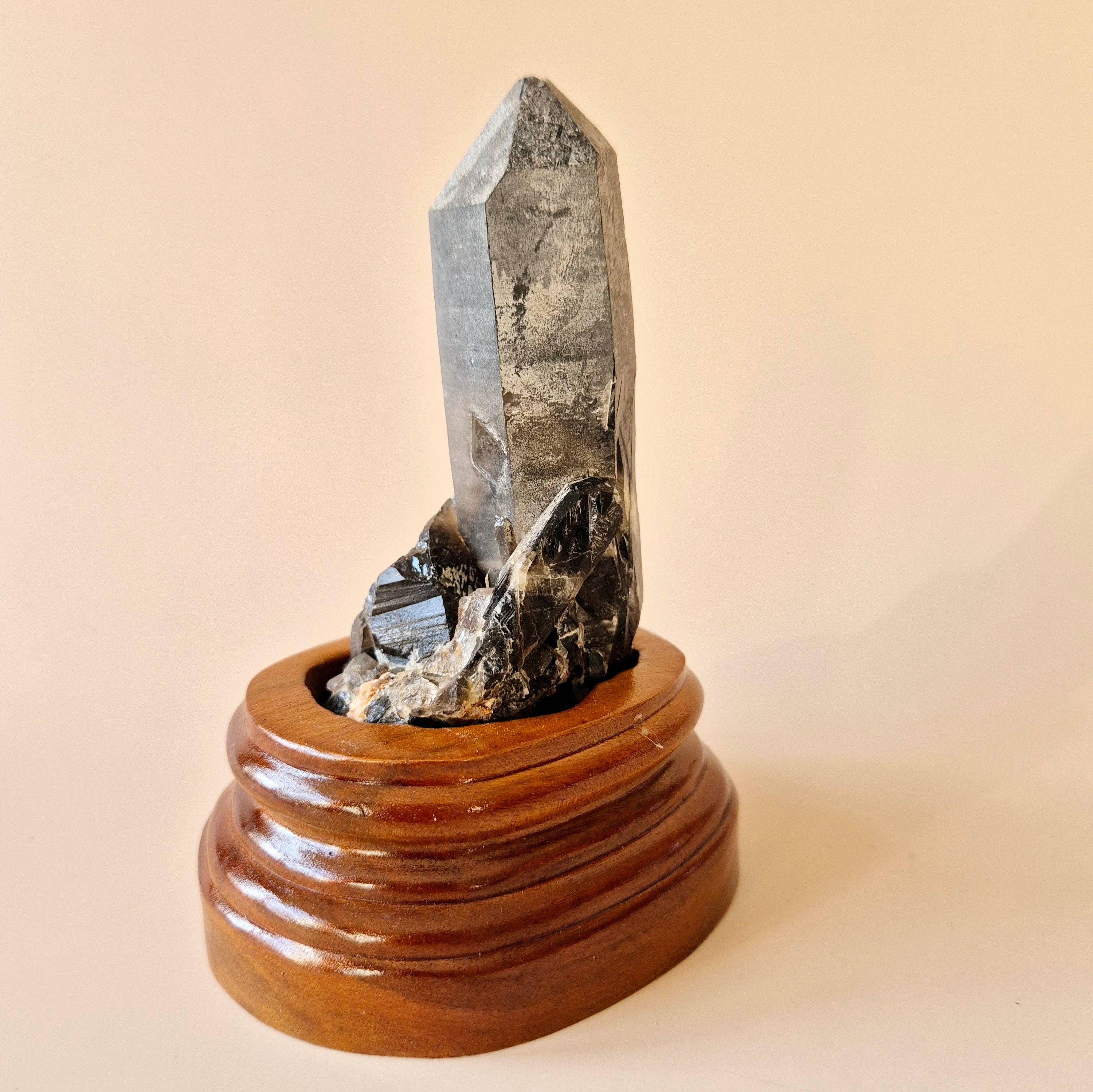 XL Raw Smoky Quartz Gemstone Cluster on Wooden Stand – #23 165 grams