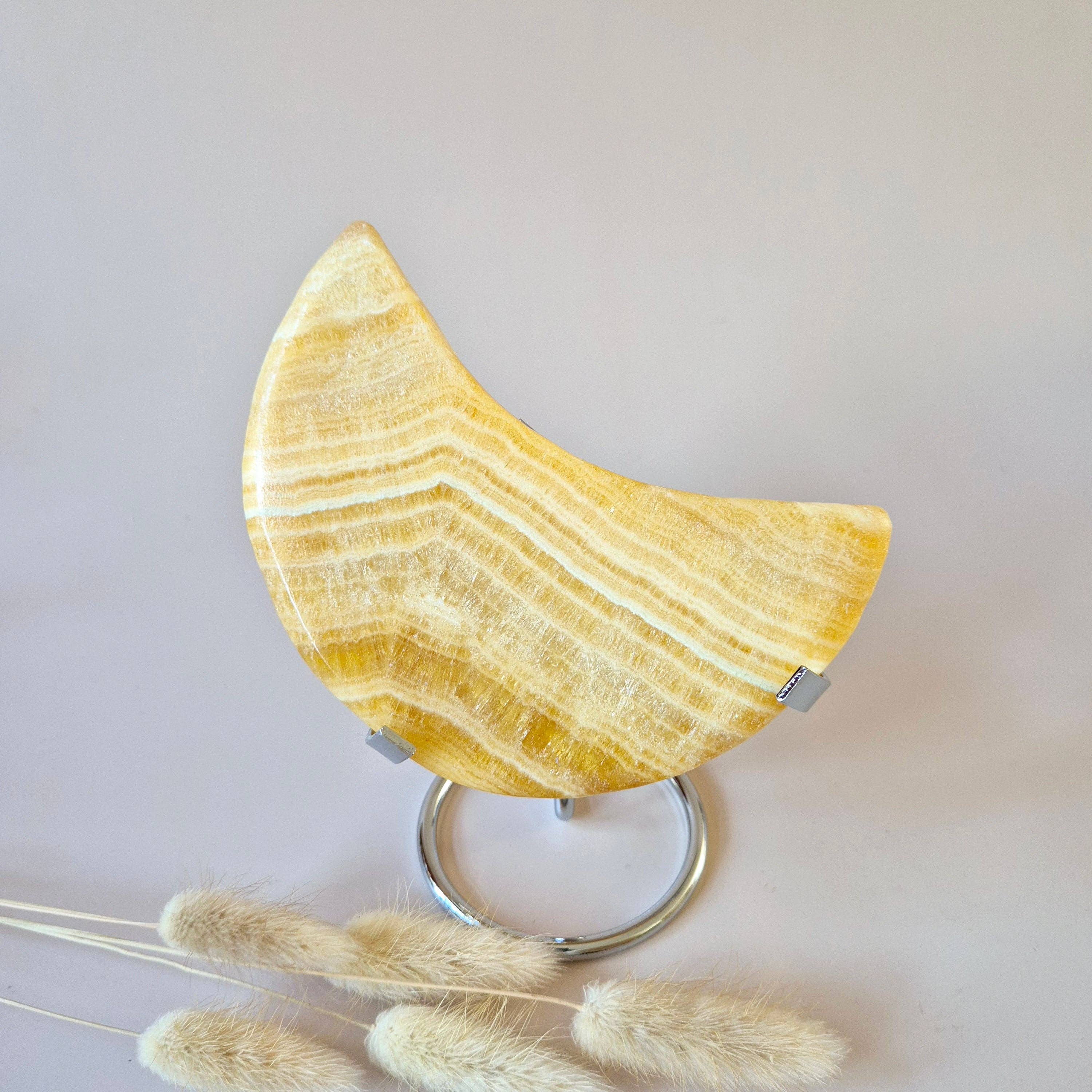 XL Yellow Calcite Moon on Metal Stand (300–350 grams)