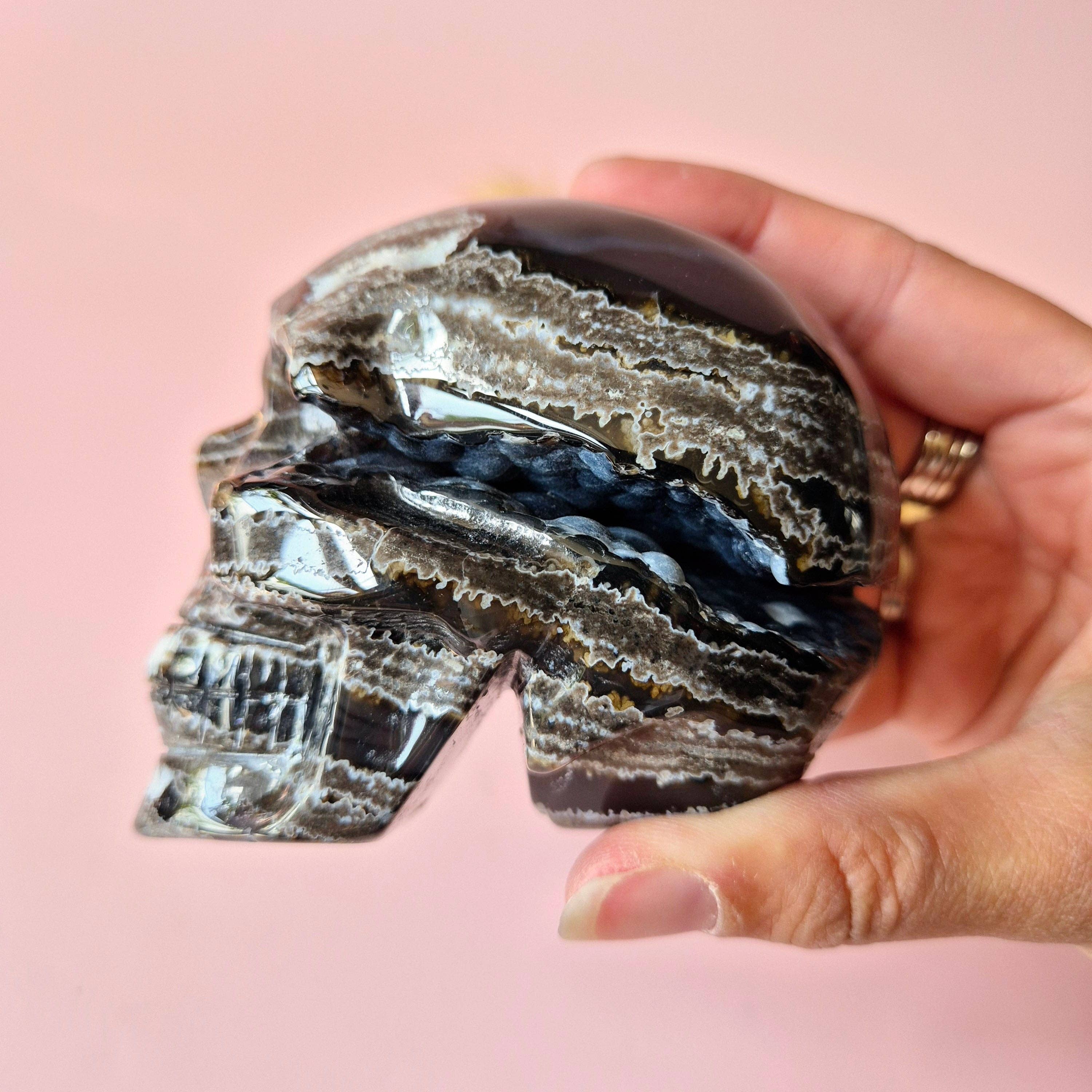 XL Gemstone Druzy Skull UV-reactive Volcano Agate Skull – #2 474 grams