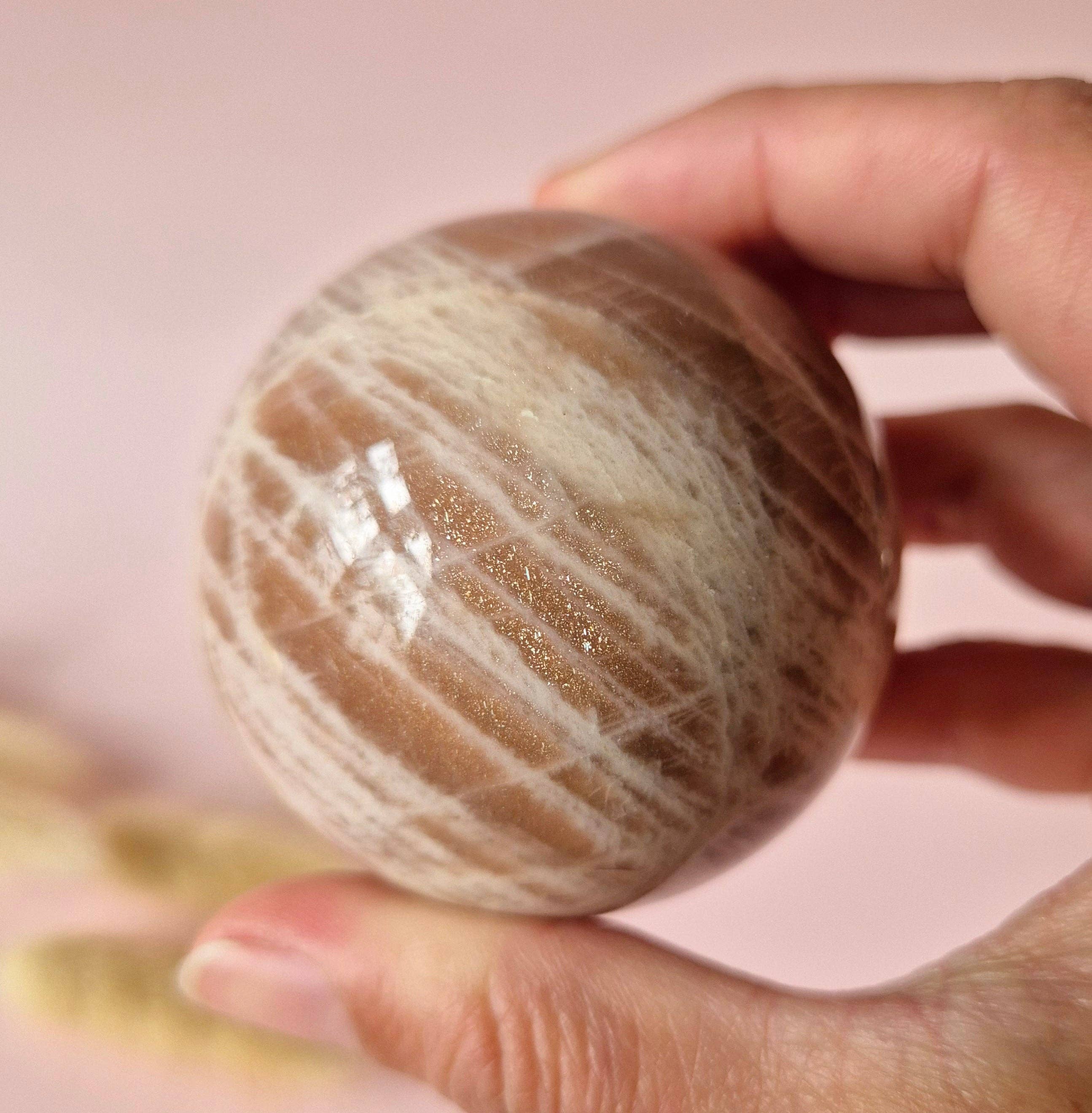 Crystal Gemstone Golden Sunstone Sphere with Blue & Gold Flash | 45–63 mm sphere: 63mm
