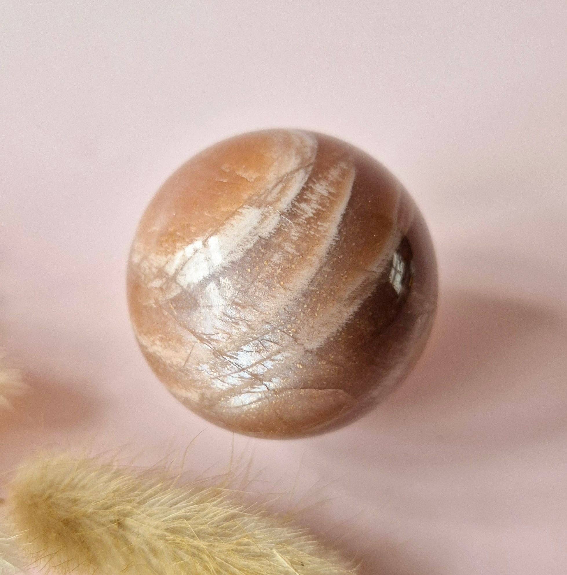 Crystal Gemstone Golden Sunstone Sphere with Blue & Gold Flash | 45–63 mm sphere: 55 mm