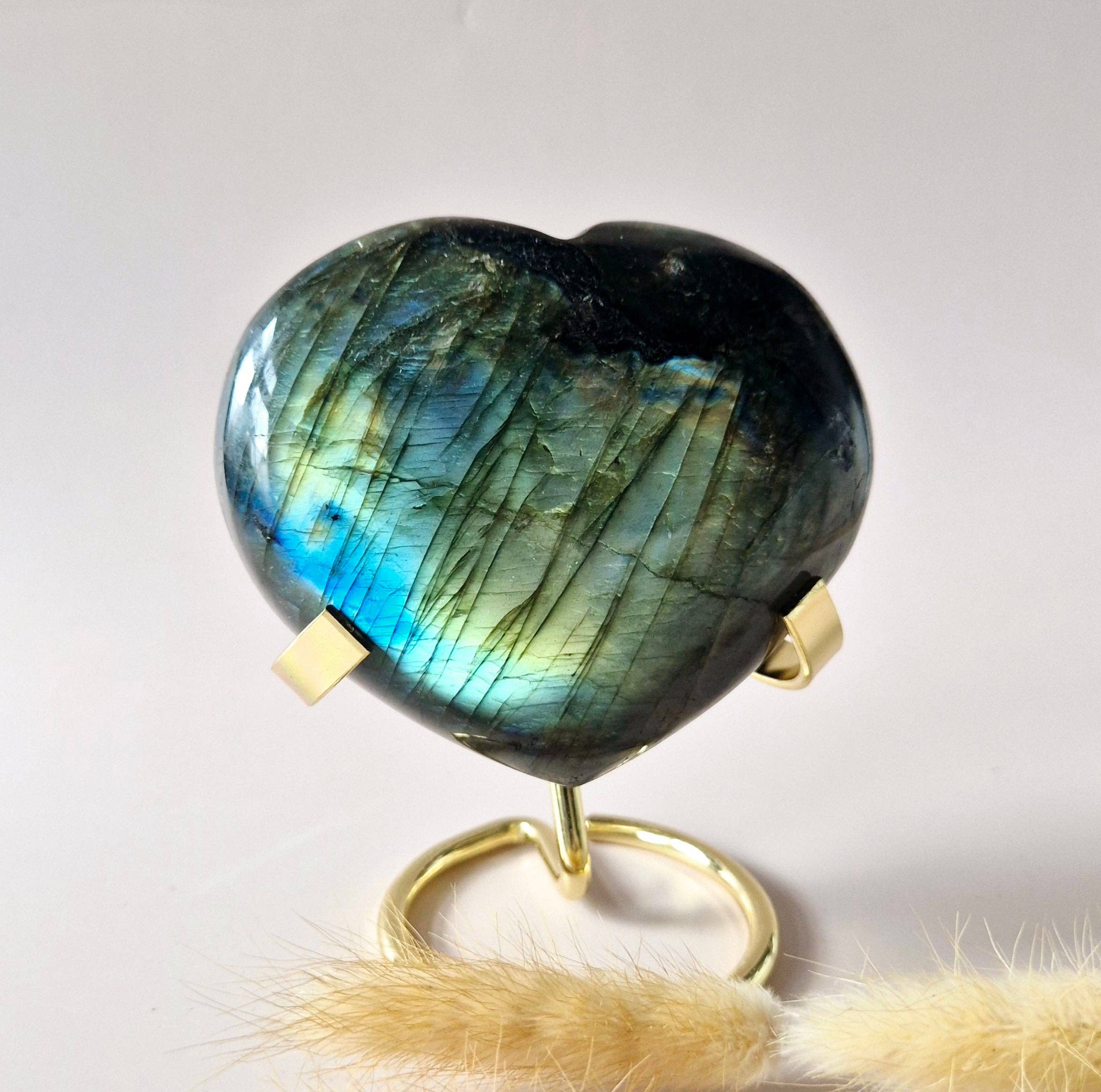 XL Labradorite Heart (591g) on Stand – With Spectacular Flash & Star Pattern
