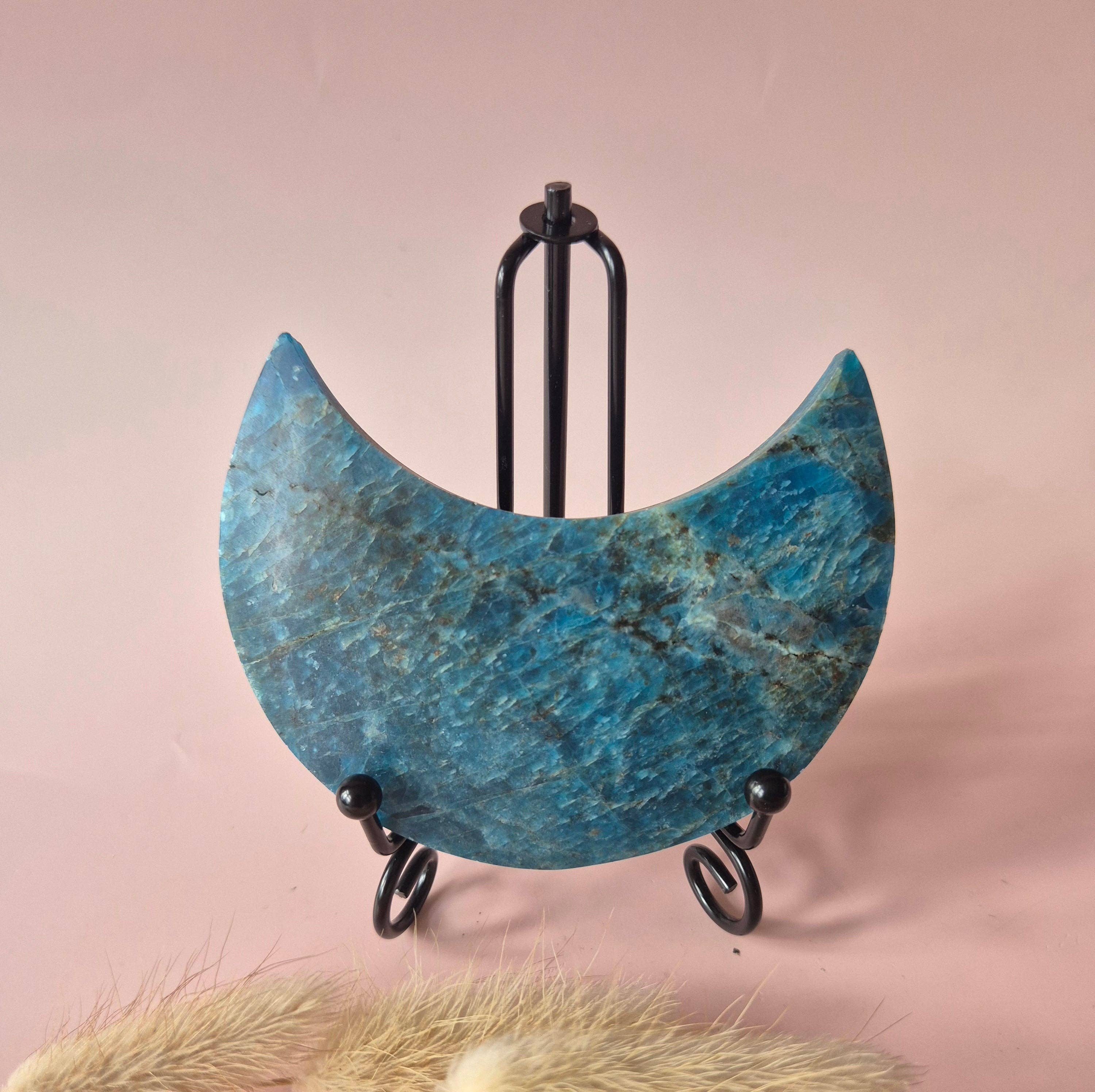 Gemstone Blue Apatite Moon on Stand 10cm (±175–200g)