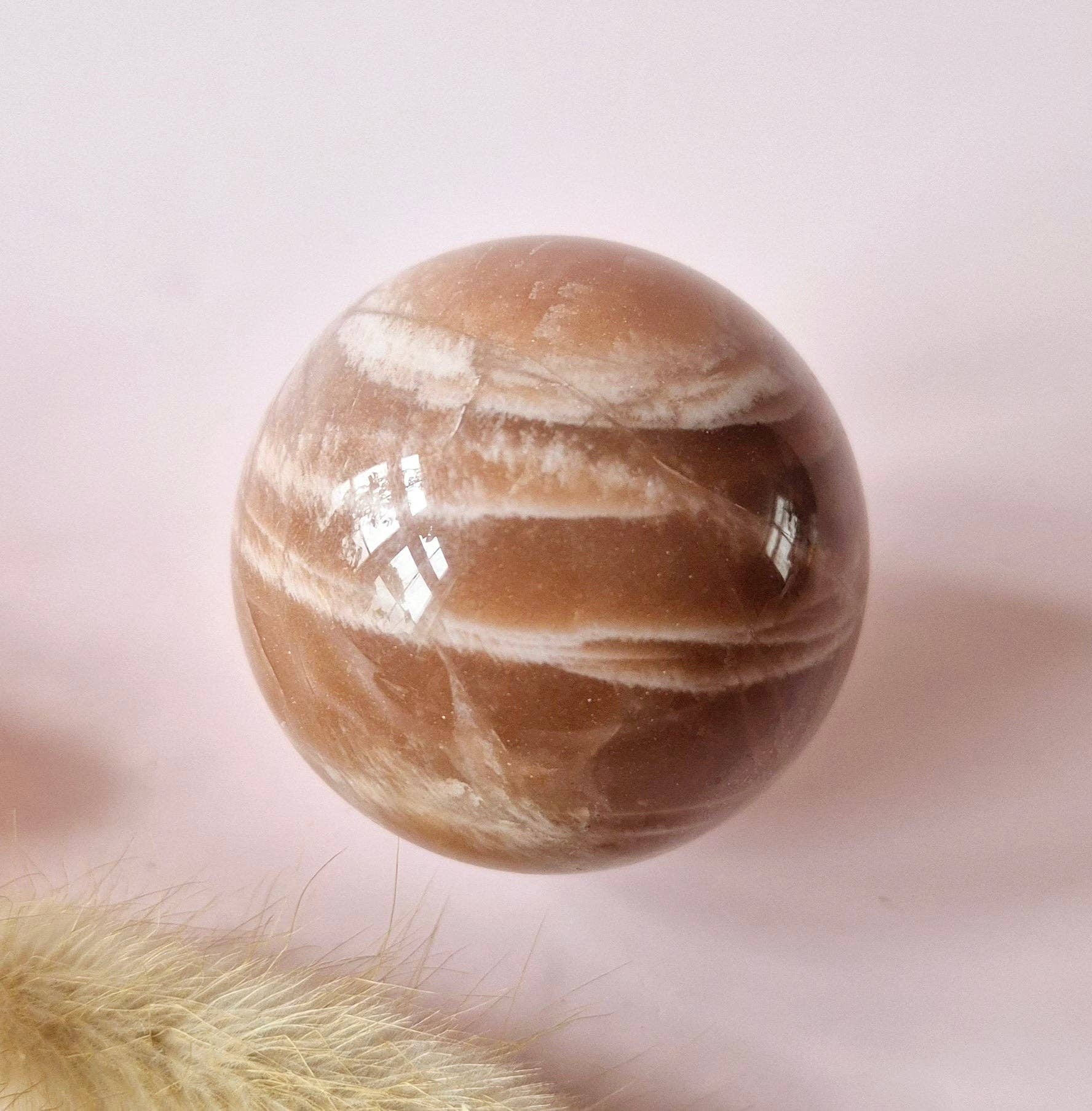 Crystal Gemstone Golden Sunstone Sphere with Blue & Gold Flash | 45–63 mm sphere: 55 mm