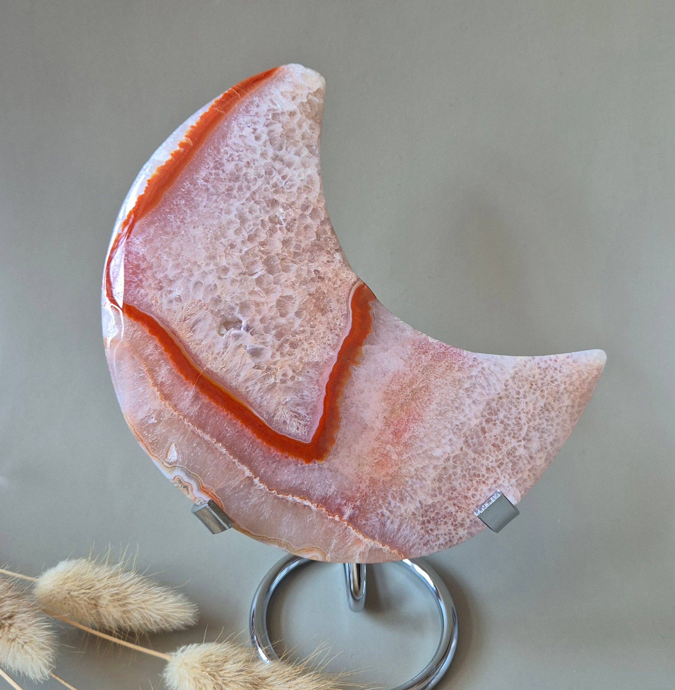 XL Druzy Red Moss Agate Moon on stand – 283g Gemstone statement piece