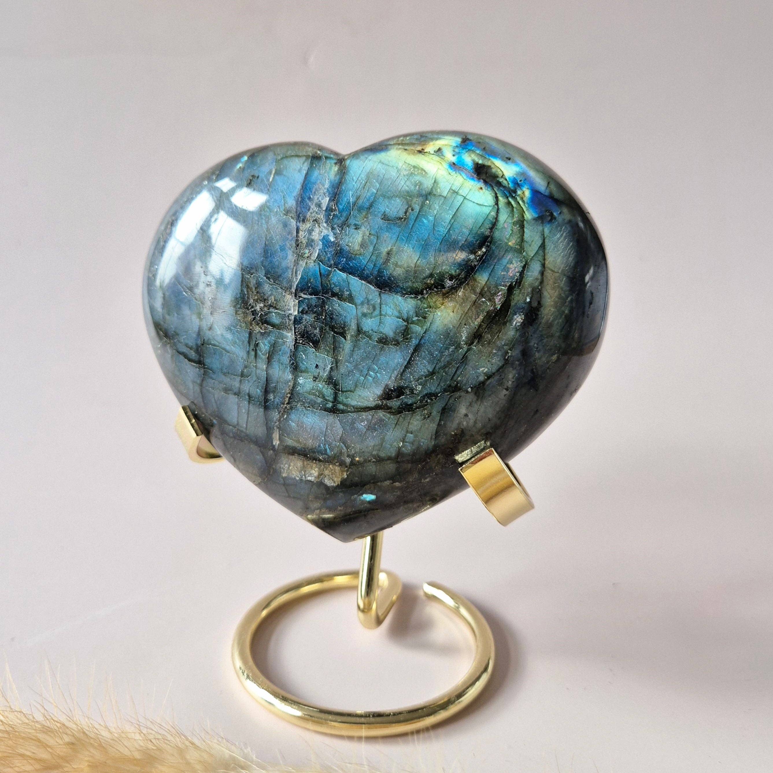 XL Labradorite Heart (591g) on Stand – With Spectacular Flash & Star Pattern