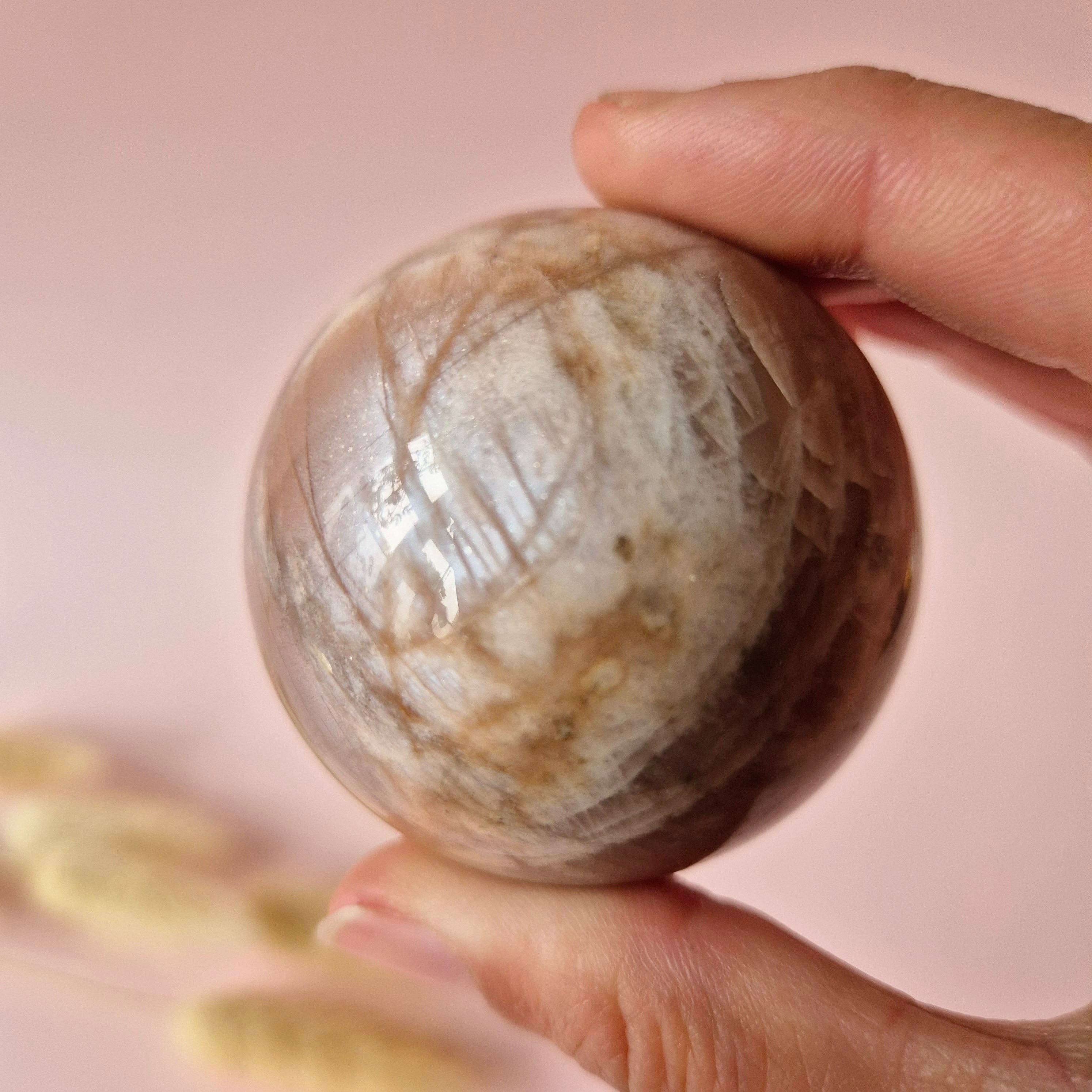 Crystal Gemstone Golden Sunstone Sphere with Blue & Gold Flash | 45–63 mm sphere: 55 mm