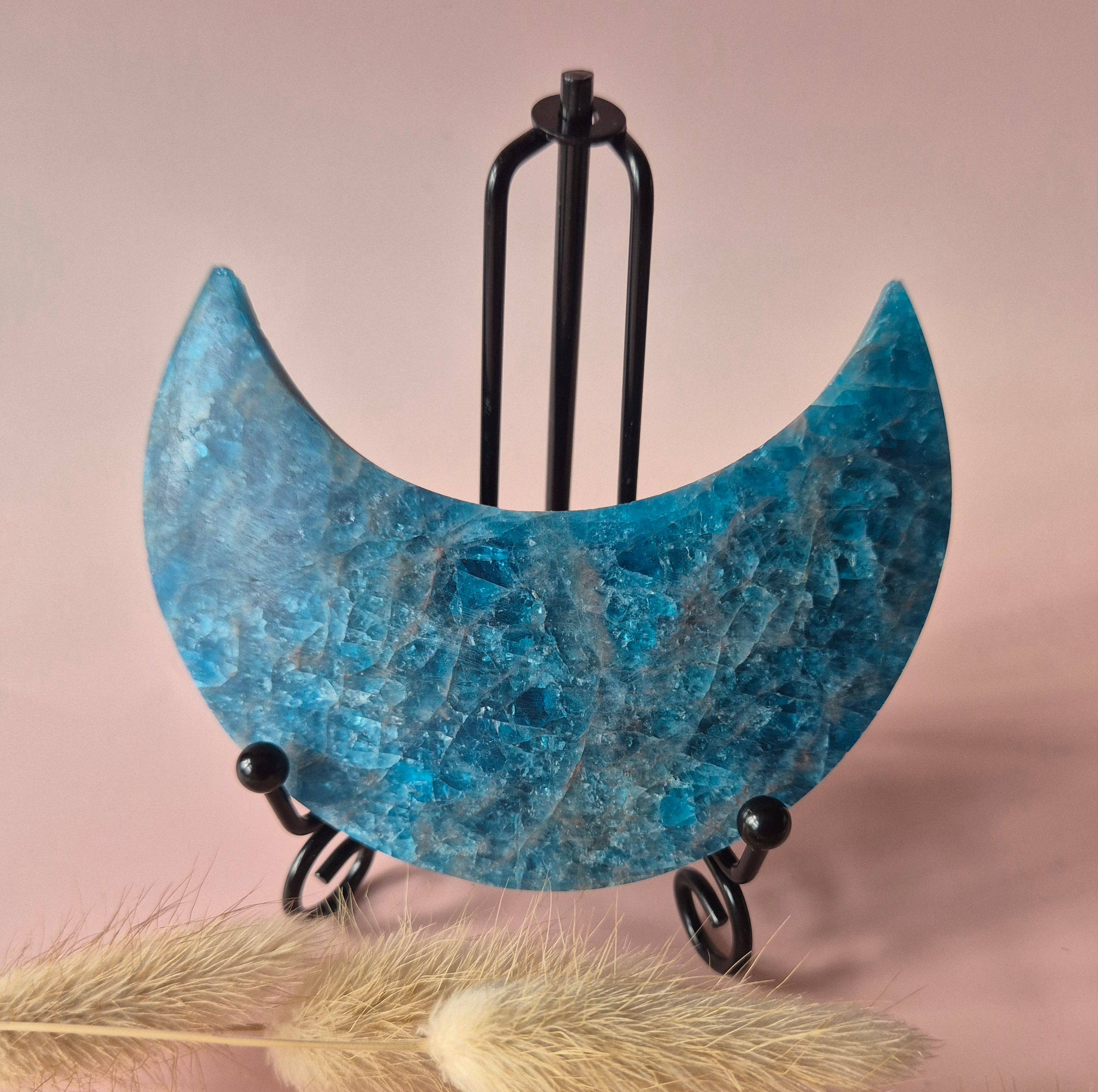 Gemstone Blue Apatite Moon on Stand 10cm (±175–200g)