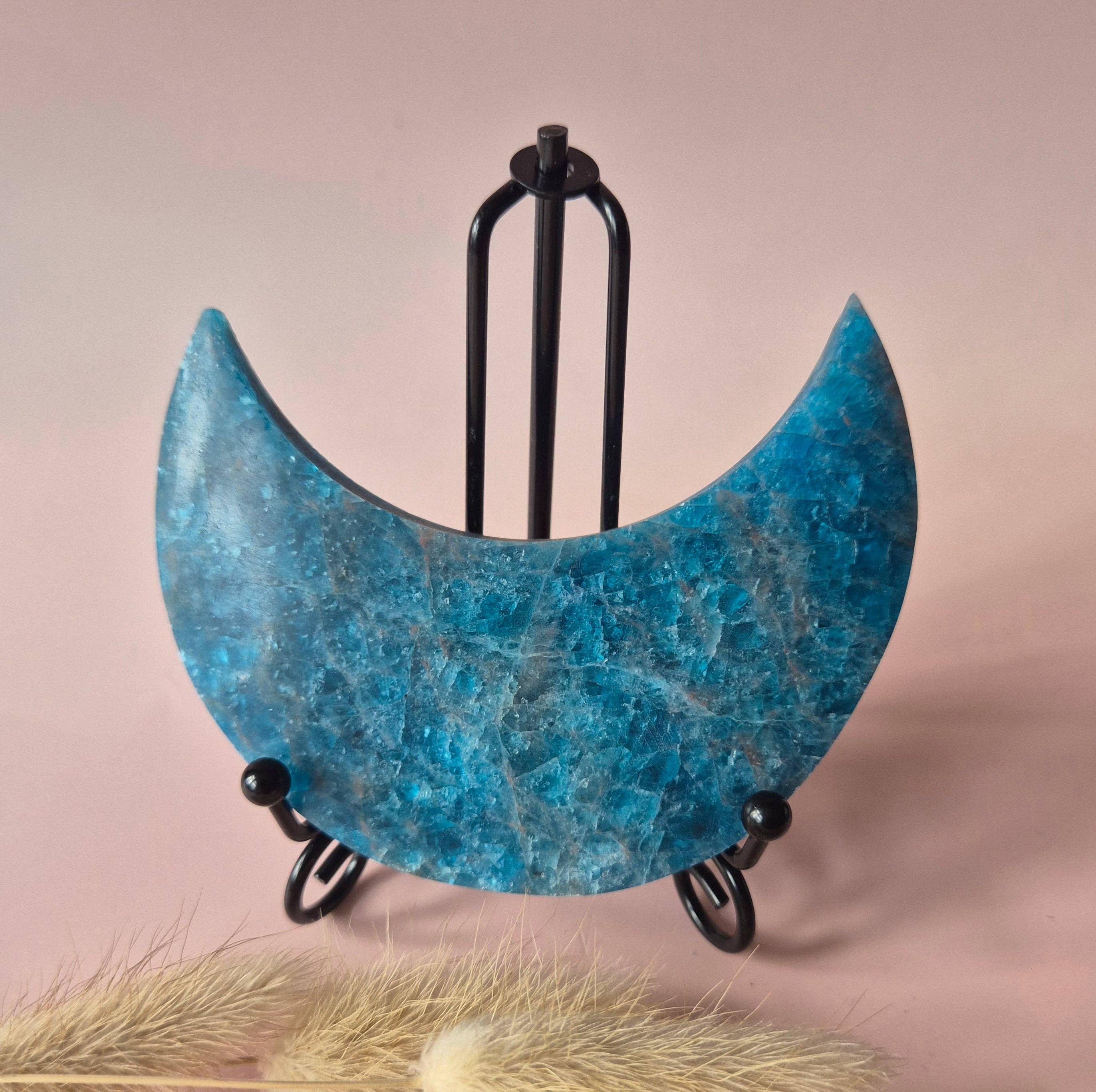 Gemstone Blue Apatite Moon on Stand 10cm (±175–200g)