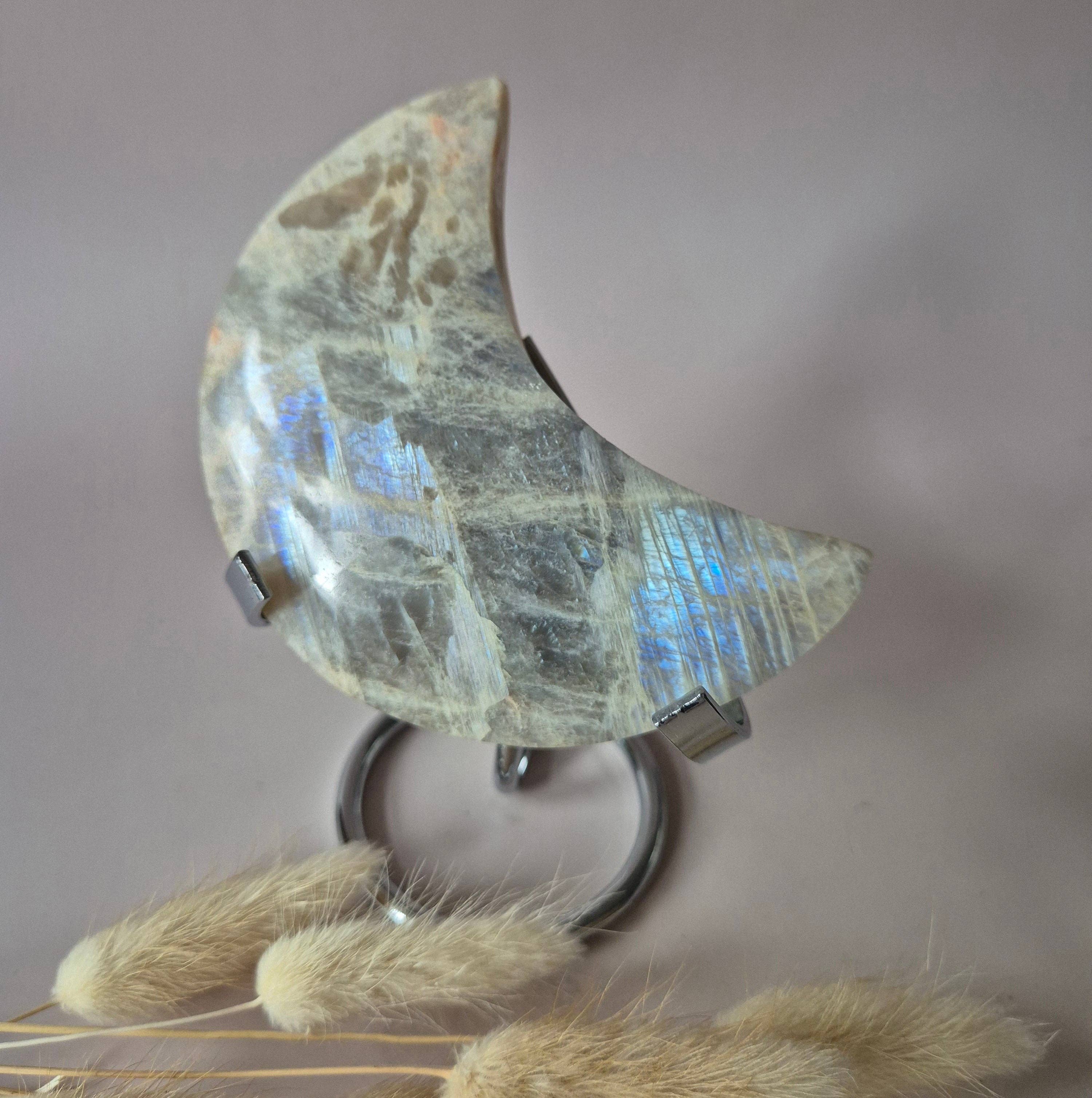 XL Blue Moonstone Moon on Metal Stand – 240g | Stone of Feminine Energy & Intuition