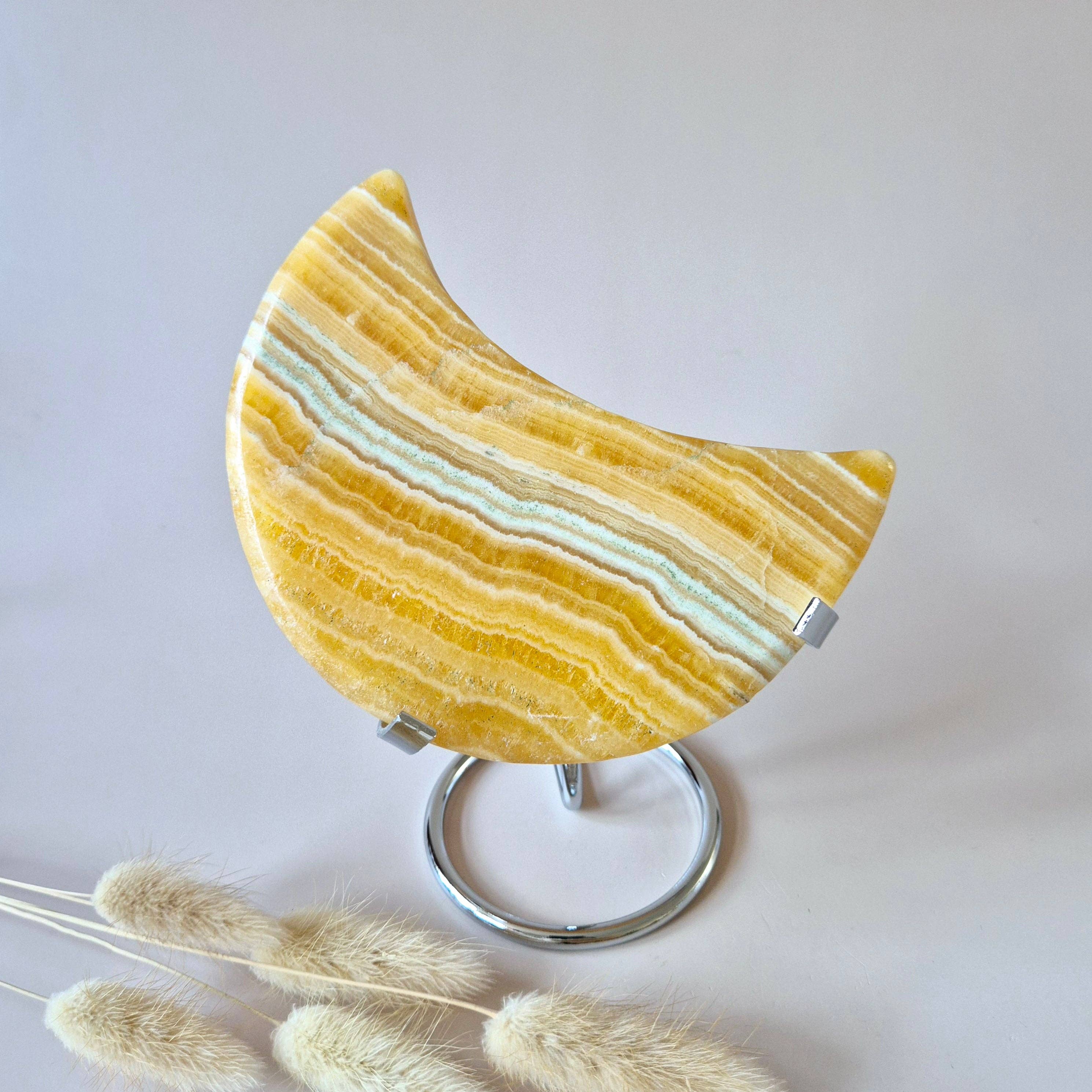 XL Yellow Calcite Moon on Metal Stand (300–350 grams)