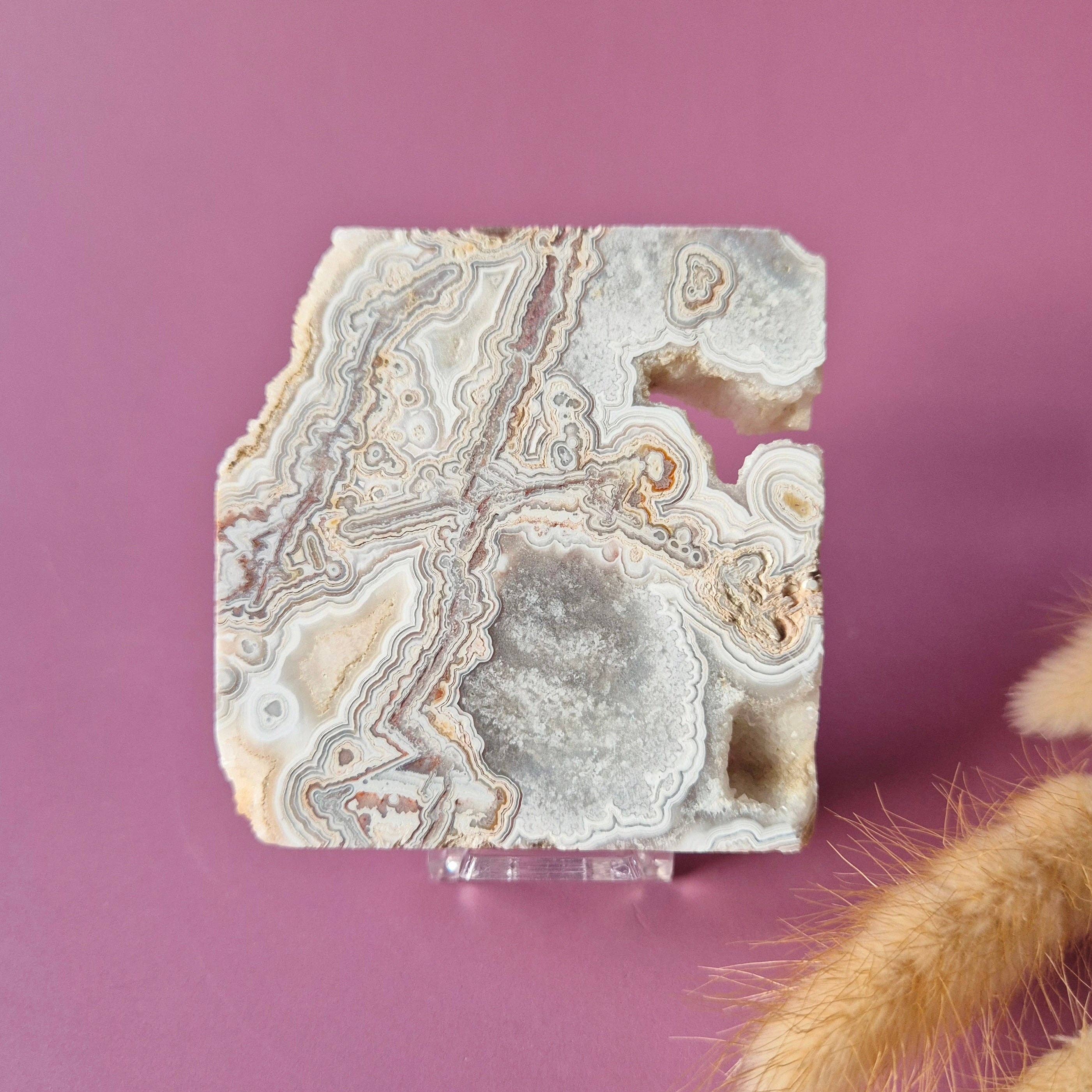 Crazy Lace Agate Slab on stand – 112g (druzy gemstone)