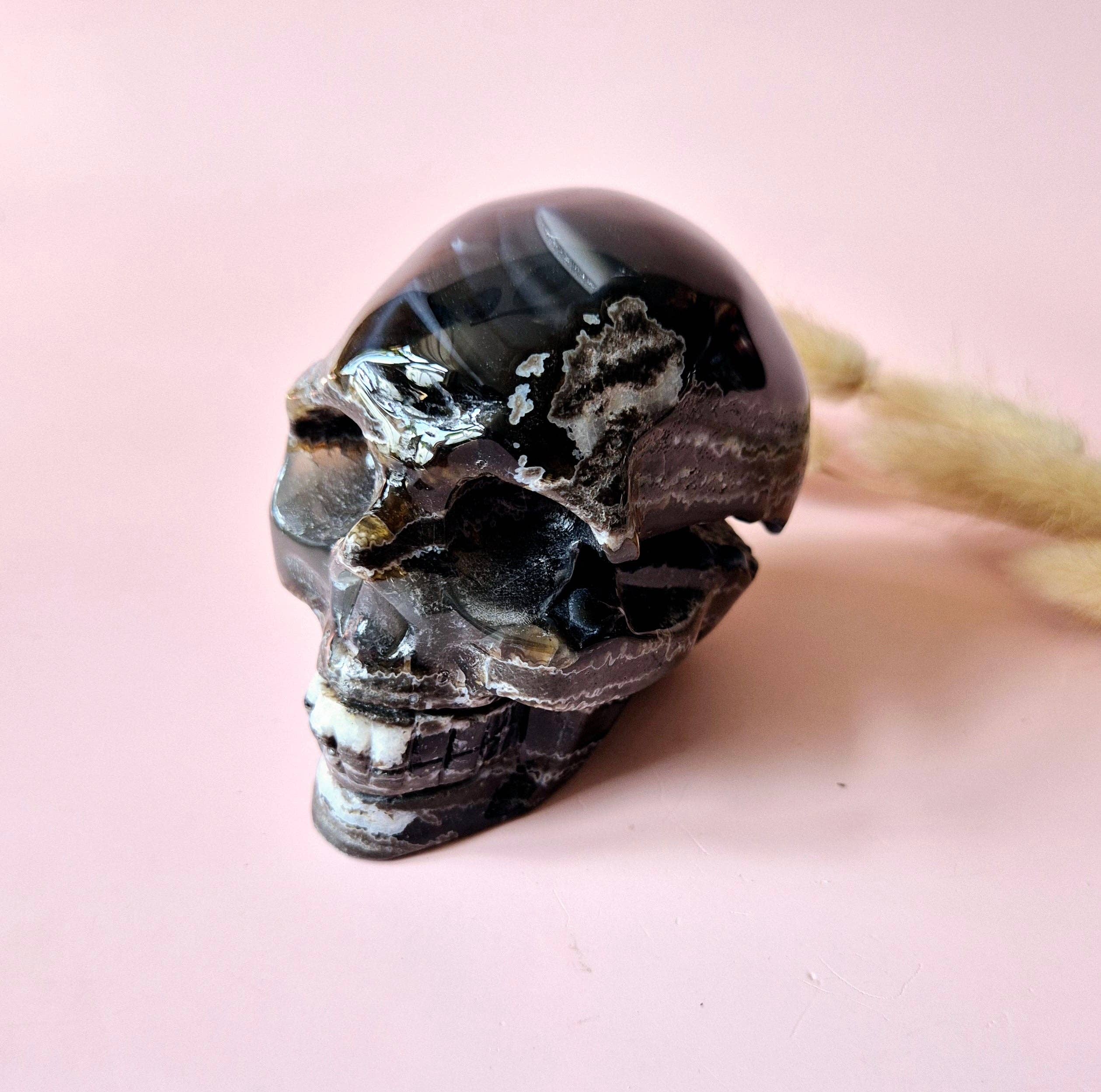 XL Gemstone Druzy Skull UV-reactive Volcano Agate Skull – #2 474 grams