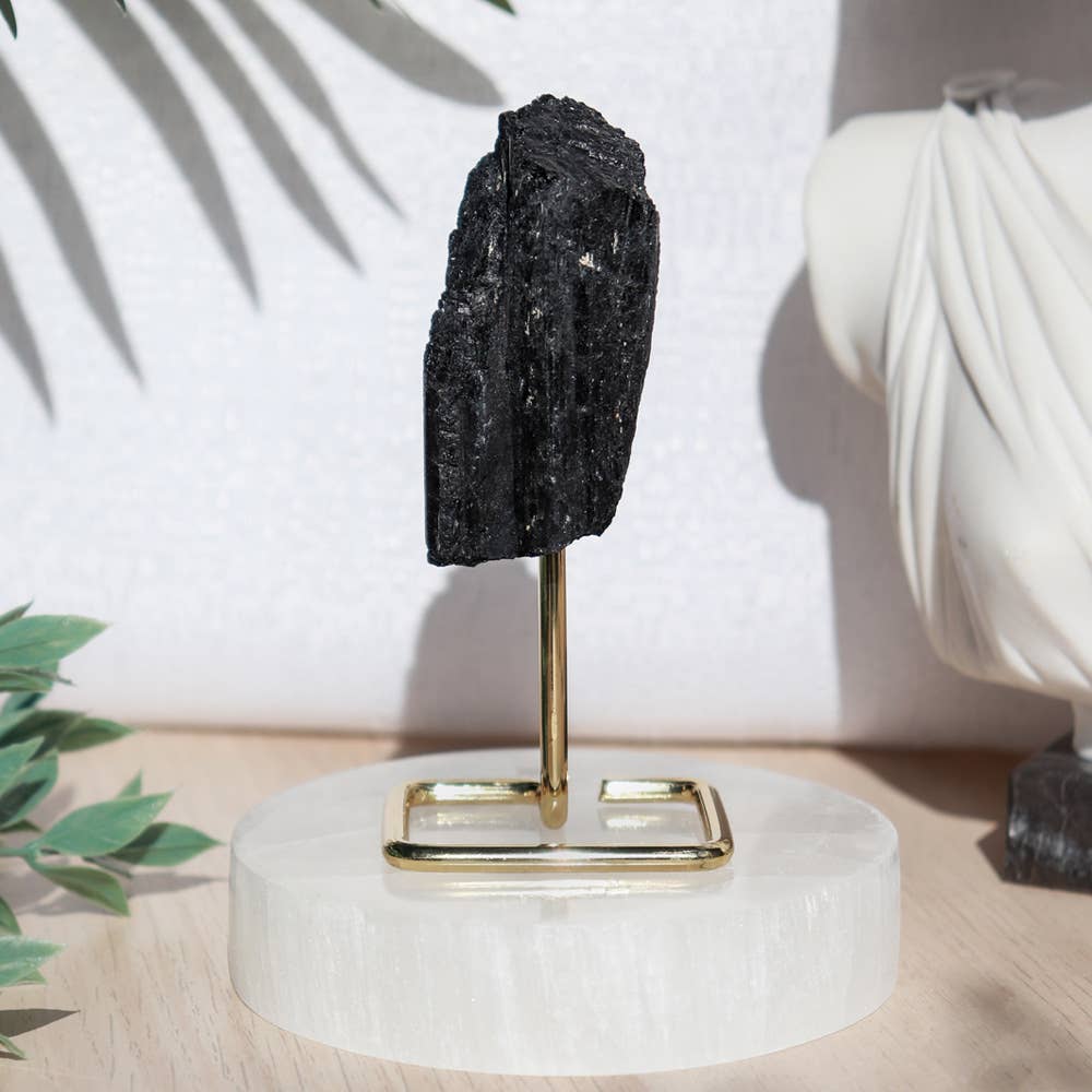Black Tourmaline on Gold Metal Stand