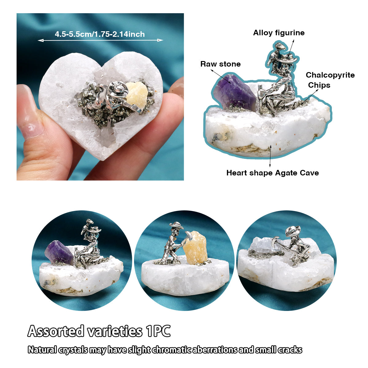 Natural Amethyst White Agate Geode Heart Miner Figurine