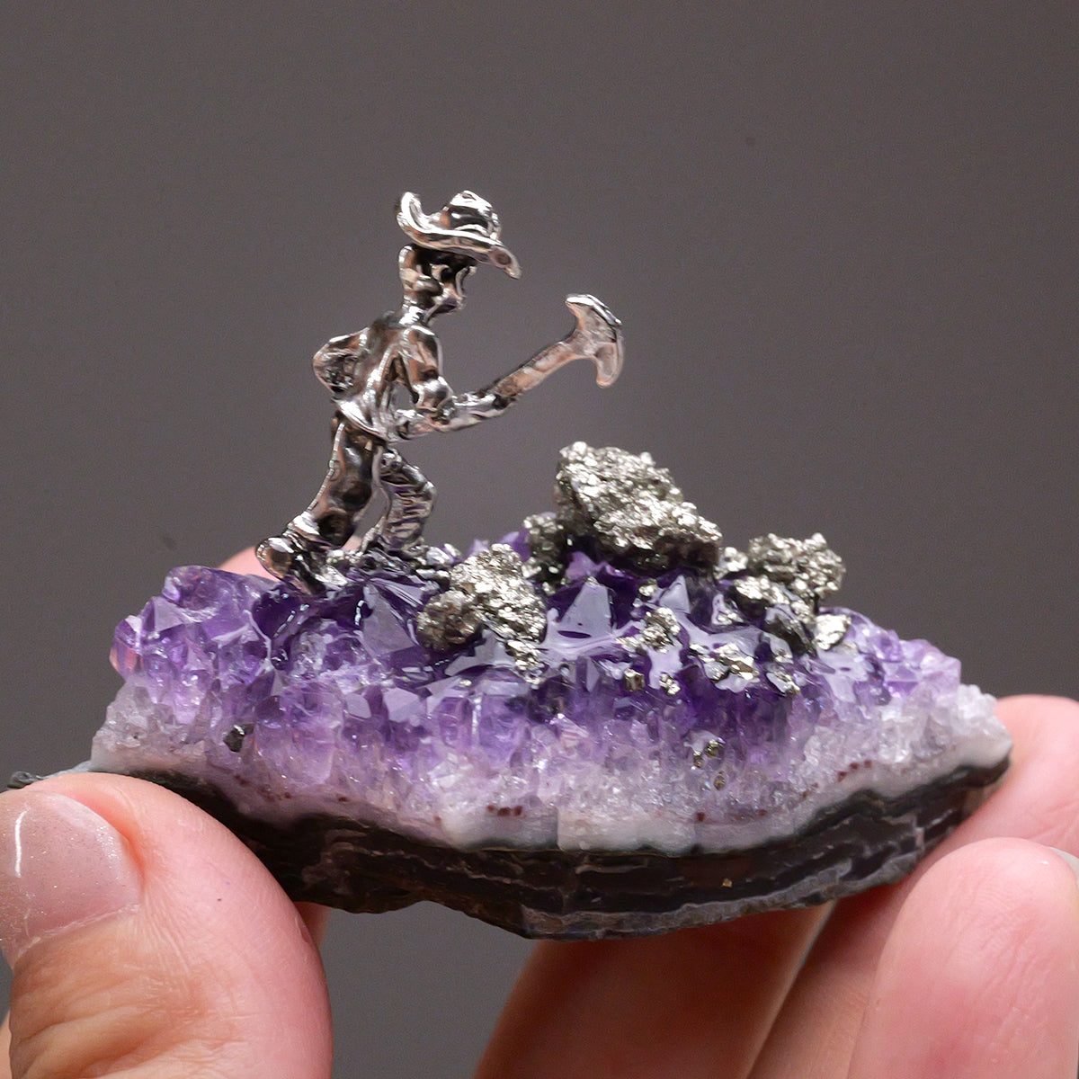 Natural Raw Crystal Minerals Amethyst Geode Pyrite Small Bronze Man Miner